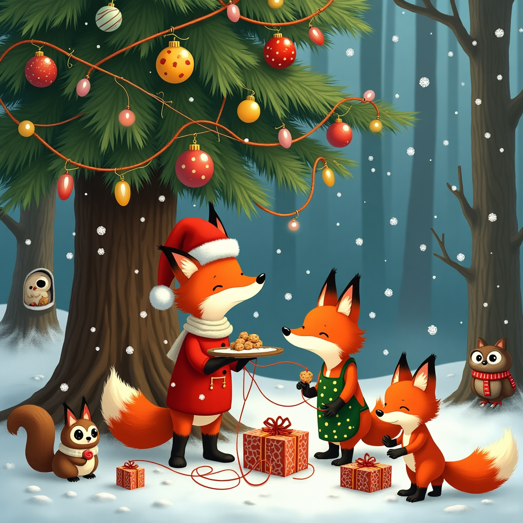 In the whimsical winter woods, nestled beneath a towering Christmas tree adorned with oversized, colorful baubles and tinsel, a red fox family is busily preparing for the holiday. In the foreground, Papa Fox, sporting a comically oversized Santa hat that occasionally slips over his eyes, is attempting to string twinkling lights around the tree's lower branches. Meanwhile, Mama Fox, clad in a festive green apron patterned with tiny holly leaves, supervises their mischievous kits. The kits, two rambunctious little foxes, are playfully tangled in strands of Christmas lights, their bushy tails sticking out like extra garland. One kit clutches a shiny ornament in its paw, and the other tries to sneak a nibble on a gingerbread cookie from a tray perched precariously on a snow-covered stump. Nearby, a makeshift sled made from an old tree bark is heaped with wrapped presents, each boasting vibrant ribbons and bows. In the background, a comically startled owl peeks from its tree hollow, wide-eyed, as a squirrel in a tiny scarf skitters past, balancing a pile of acorns on its head. Snowflakes drift gently down, adding a sparkling touch to this bustling, delightful scene.
Generated with these themes: Red foxes family .
Made with ❤️ by AI.