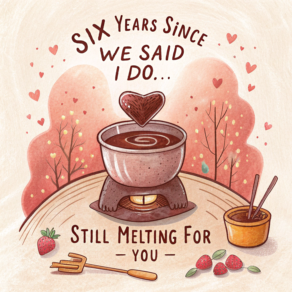 At the top of the Illustration Style image, "Six years since we said 'I (fon) do.'"

At the bottom of the image, "Still melting for you."

- Hand-drawn illustration with fine linework, textured brush strokes, balanced composition, and a warm, expressive color palette.
- Centerpiece: a heart-shaped fondue pot brimming with glossy chocolate; the swirl on top subtly forms the number 6, with tiny heart-shaped drips.
- Two fondue forks cross above the pot like a vow; tiny gold rings rest near the handles; a soft curl of steam rises into a heart.
- Arrange six cute dippables around the pot (strawberry, marshmallow, banana slice, pretzel, brownie cube, cherry), each with tiny smiles and rosy cheeks.
- Cozy table setting with a cream linen, scattered chocolate sprinkles, and petal-like heart confetti; warm candle glow and twinkly bokeh lights in the background.
- Palette: rich cocoa browns, blush pinks, creamy ivory, cherry reds, and soft gold highlights.
- Lettering treatment: headline looks piped in chocolate with glossy highlights; bottom line on a small cream ribbon tag, handwritten and sweet.
- Composition: text-forward—big headline at the top, centered fondue scene, small punchline at the bottom; keep it whimsical, romantic, and cute, not photorealistic.
Generated with these themes: Chocolate fondue, and .
Made with ❤️ by AI.