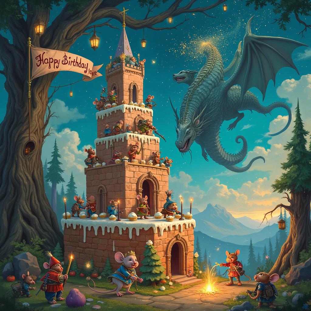 In the heart of a fantastical landscape, where gothic cathedrals meet enchanted forests, stands an epic birthday battleground inspired by Warhammer. In the foreground, a whimsical cake fortress made of vibrant layers of cake and frosting, complete with candy-coated battlements, looms imposingly. The cake is intricately detailed, with gummy bears as soldiers standing guard, marshmallow catapults, and sparklers as artillery, creating a dazzling display.

On the battlements, a group of tiny, armored mice, reminiscent of Beatrix Potter's creatures but with a twist of Warhammer ferocity, are preparing for a playful skirmish. One mouse commander, wearing a red and gold helmet, points his tiny sword towards the enemy. His tiny banner reads "Happy Birthday, Javier!" in a flourishing script that blends elements of both medieval and whimsical styles.

In the background, the scenery is a blend of N.C. Wyeth's adventurous landscapes and Maxfield Parrish's luminous, dreamy skies. Massive, ancient trees with twisted branches and glowing lanterns stand guard, their leaves a deep, enchanted green. High above, the sky transitions from twilight to night, with swirling constellations spelling out "Javier" among the stars, each letter twinkling as if they were stitched into the fabric of the cosmos by Gustave Doré himself.

An enormous dragon, whose scales glimmer like stained glass windows in a cathedral, circles the cake fortress. It’s both fearsome and comically exaggerated, with a friendly, almost sheepish grin on its face, indicating that it's more interested in cake crumbs than causing any real chaos. Below, a group of jubilant gnomes and fairies, inspired by Arthur Rackham’s and Maurice Sendak’s playful characters, dance around a bonfire made of birthday candles, their tiny faces lit up with joy.

To the left, a grand banner stretches across the scene, tied between two towering, gnarled trees. The banner, in an elegant script that echoes Aubrey Beardsley's attention to detail, reads "Happy Birthday, Javier!" in swirling, ornate letters, with colorful balloons tied to either end, floating gently in the breeze.

Every element of the scene bursts with intricate details and lively characters, making it an unforgettable and vividly imaginative birthday celebration for Javier.
Generated with these themes: Warhammer.
Made with ❤️ by AI.