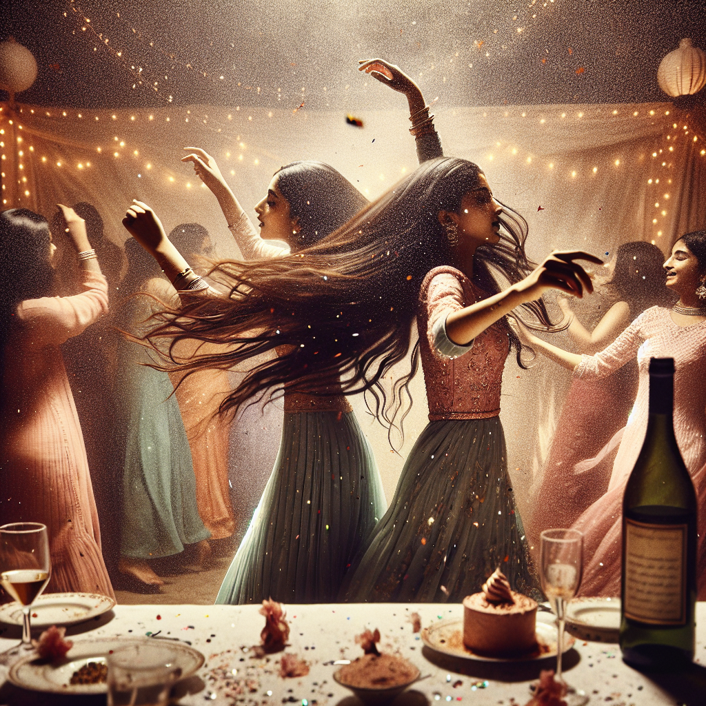 A birthday party takes place with hues that seem almost magical. Two South Asian granddaughters whirl in perfect rhythm, their graceful figures blending with loose strands of hair. Particles of blush and eyeshadow dust the air, decorating their faces with elements that represent female elegance. The scent of perfume pervades the surroundings, almost visible to the eyes, around a table with a towering wine bottle comically leaning to one side, much to the amusement of the attendees. Their laughter reverberates, each sound elevating their spirits, engaged in an elegant dance that barely leaves their feet on the floor, uplifting due to the exhilaration of pure, unadulterated joy.
Generated with these themes: Wine, Granddaughters , Make up, Hair , Perfume, Dancing, and Being drunk.
Made with ❤️ by AI.