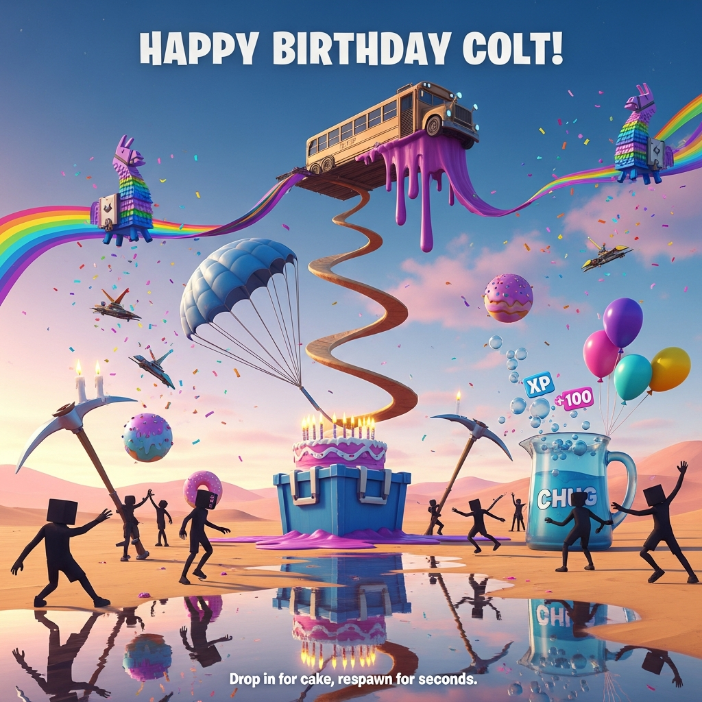 At the top of the Surreal Style image, Happy Birthday Colt!

A Dali-inspired, dreamlike Fortnite party-scape: a shimmering candy-colored desert where the horizon bends and puddles mirror a twilight sky. Center stage, a colossal birthday cake shaped like a blue supply-drop crate, ribbon-parachute cords melting into glossy streams. Above it, an impossibly long, taffy-stretched Battle Bus drapes over a spiraling wooden ramp that twists into the clouds. Loot llama-clouds unravel into rainbow streamers and confetti; their shadows wiggle into goofy shapes. Pickaxes bend like soft clocks, doubling as tall candles, wax dripping into tiny gliders that float off with sprinkles. Boogie-bomb balloons bob and morph into donut planets in the reflections. A giant chug jug acts as a punch bowl, fizzy bubbles rising and popping into “XP +100” starlets. Silhouetted party avatars in blocky skins perform exaggerated emote dances, limbs elongated and elastic, building pieces folding themselves like origami. Ethereal lighting with warm gold meeting neon purples and aqua; soft volumetric rays, crisp painterly detail, humorous, whimsical vibe. Render the headline in playful, glossy balloon lettering that gently warps with the surreal air. Add a small cheeky caption near the bottom: “Drop in for cake, respawn for seconds.”
Generated with these themes: Fortnite, and .
Made with ❤️ by AI.