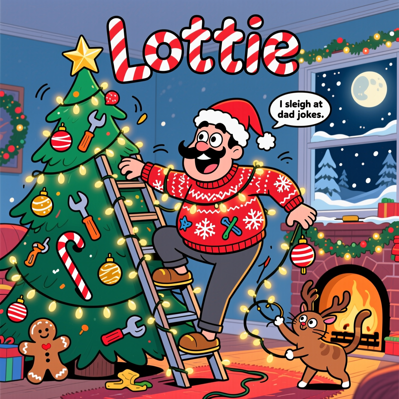 At the top of the Cartoon Style image, the text: "Lottie" in big, bouncy candy-cane letters, a tiny Santa hat tipping off the L.

A bright, playful cartoon scene with thick outlines and saturated colors: Center stage, an exuberant dad with exaggerated features (big grin, bushy mustache, long limbs, round belly) teeters on a wobbly step ladder in front of a towering, over-decorated Christmas tree. He’s tangled head-to-toe in glowing fairy lights, wearing an outrageously ugly festive sweater (bold snowflakes and mini tools), reindeer slippers, and a slightly crooked Santa hat. The star meant for the tree is stuck on top of his hat, shining. The tree bends comically under oversized ornaments (baubles shaped like tools, giant candy canes, goofy gingerbread), with motion lines showing the ladder wobble and the light string yo-yoing around him. A cheeky cat in antlers bats at a dangling bauble while being lightly looped in the lights, adding to the chaos. Cozy living-room background: a warm fireplace glow, twinkly garlands, snowy window with a moonlit sky and softly falling snow outside. Big expressive eyes, energetic poses, chunky black outlines, simple shading, and a festive palette of punchy reds, greens, golds, and icy blues. Overall composition is full-bleed and dynamic, with the giant tree and dad’s silly predicament filling most of the frame for maximum humor.

Add a small speech bubble from Dad with the line: I sleigh at dad jokes.
Generated with these themes: Dad, and .
Made with ❤️ by AI.