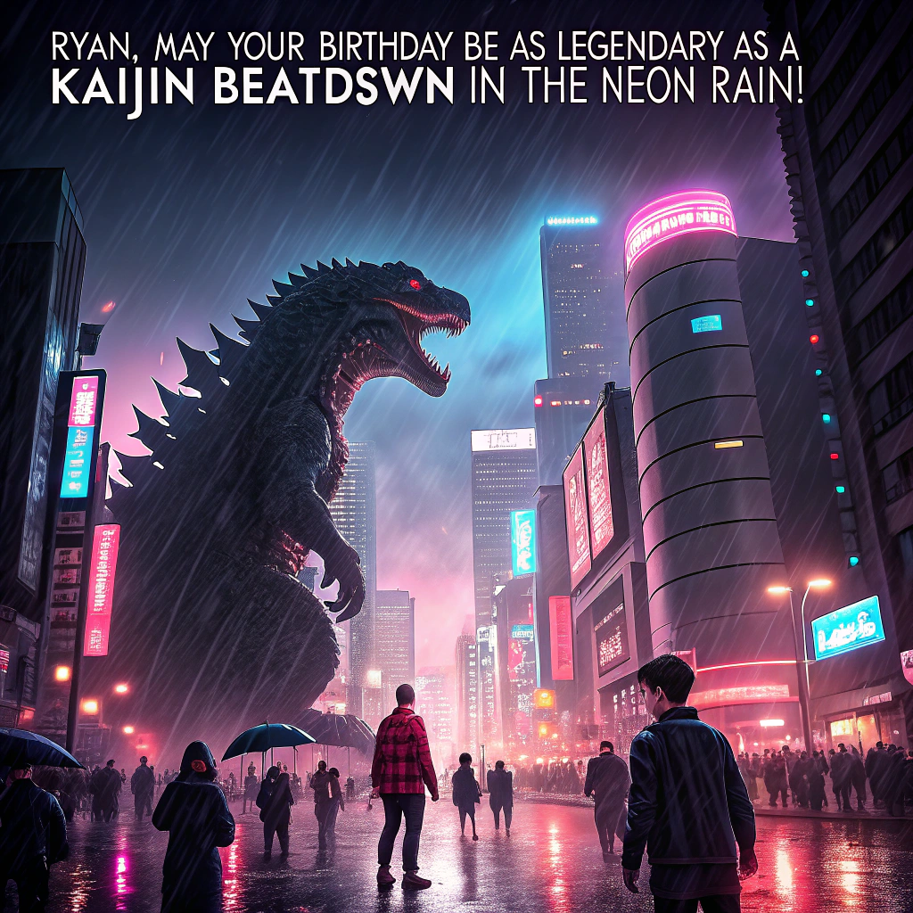 At the top of the image, "Ryan, may your birthday be as legendary as a kaiju beatdown in the neon rain!"  

— Image Prompt: A solemn, realistic-style photograph of a rainy night in downtown Tokyo. Godzilla towers above smoking skyscrapers, locked in a thunderous battle with a giant robot Kaiju resembling Donald Trump, complete with exaggerated hair sculpted from steel. Bright neon lights reflect on the slick wet streets, casting eerie glows of pink, blue, and red. Crowds of civilians, drenched but determined, stand behind barricades holding up protest signs—each one showing Trump's metallic face crossed out in red like a traffic warning. Their expressions are somber but filled with a fierce hope as they cheer for Godzilla, humanity’s reluctant hero. Mist and smoke blur the horizon, as lightning arcs across the sky above the epic battle.
Generated with these themes: Godzilla is fighting a robot Donald Trump Kaiju in downtown Tokyo . It is raining and there are neon lights everywhere . There are people cheering on Godzilla and holding signs with Donald's face crossed out like in a traffic sign . .
Made with ❤️ by AI.