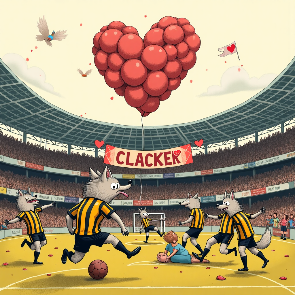 Front Cover Illustration:

**Scene Description:**

1. **Background:**
   - A football stadium backdrop, reminiscent of the Molineux Stadium in Wolverhampton. The stands are filled with hand-drawn expressive fans waving banners and flags, all in black and gold to represent Wolverhampton Wanderers' team colors.

2. **Foreground:**
   - A humorous, exaggerated scene of a football match happening right in front of the stands. 
   - On one side, a group of cartoonish anthropomorphic wolves dressed in vintage Wolverhampton Wanderers football kits. Their kits are a mix of bright gold and stark black, with detailed cross-hatched patterns for texture.

3. **Central Figures:**
   - A cheeky wolf, larger than the rest, is depicted performing an acrobatic bicycle kick mid-air. The wolf’s eyes are wide with focus, its tongue hanging out in concentration, and its tail comically flared. Its fur is a scruffy, exaggerated mix of grays and browns with elaborate shading.
   - Opposite, a team of opposing players, exaggeratedly slipping and tumbling over each other trying to defend the goal. Their uniforms are an opposing shade, perhaps a vivid sky blue, for contrast.

4. **Additional Elements:**
   - In the sky above, a large, whimsical heart-shaped cloud floats, partially made up of footballs intricately sketched to form the heart’s curve.
   - A banner stretches across the top of the scene, draped between two goalposts. The banner is decorated with heart motifs and the word “Clacker” prominently in bold, stylized letters, perhaps shaped like the sound of a football being kicked.

5. **Details:**
   - Around the edge of the pitch, tiny, detailed illustrations of classic Valentine’s elements: roses, chocolates, and small hearts scattered like confetti.
   - In the crowd, there are small sub-scenes: a fan holding a heart-shaped clacker, a couple sharing a football-themed picnic with a heart-patterned blanket, and a child with a paw-painted face cheerfully waving a flag.

**Artistic Inspiration:**
- Borrowing from Norman Rockwell's attention to detail and expressiveness, the scene should have a lively, bustling feeling.
- The linework should carry a nod to Quentin Blake’s playful and lively style, ensuring the scene is full of life and character.
- Colors should pop like those used by Maxfield Parrish, with vibrant contrasts to bring the whimsical world of football and Valentine's Day alive.
Generated with these themes: Wolverhampton Wanderers, Football , , , , , , and .
Made with ❤️ by AI.