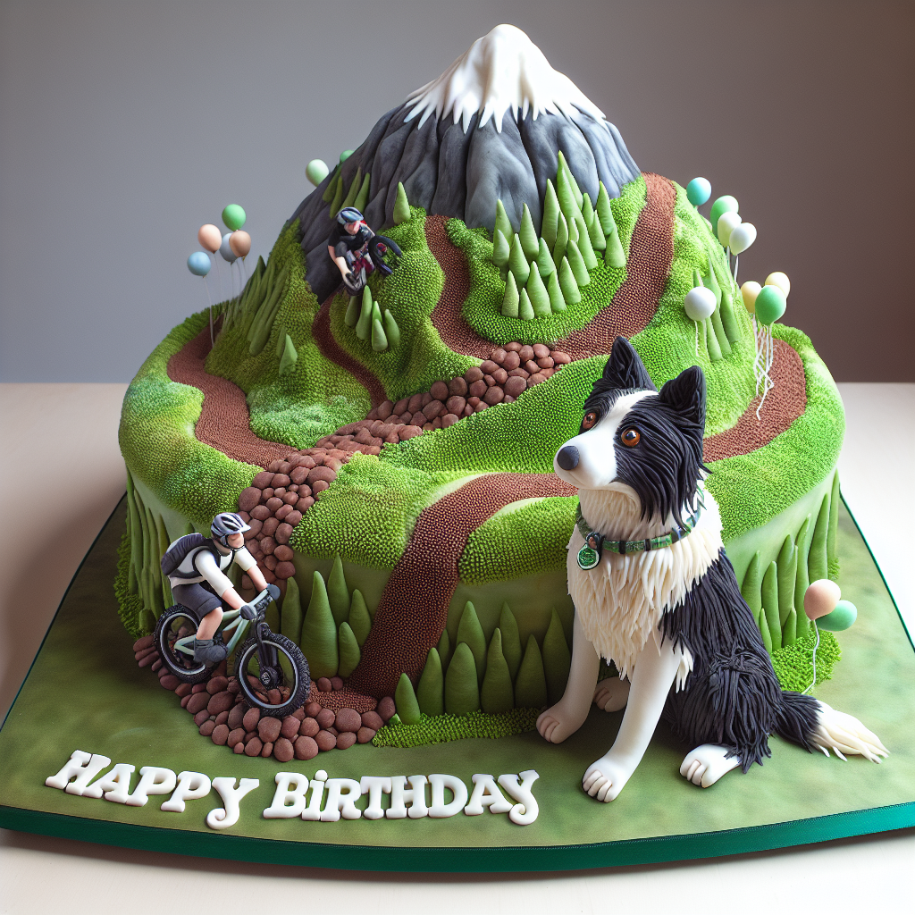 Create an image of a fondant-covered birthday cake that has been skillfully sculpted to resemble a lush mountain landscape, the scene of an exciting mountain biking adventure. At the base of the cake, a highly detailed fondant figure of a border collie, with black and white markings, sits attentively. The dog's collar is decorated with tiny birthday balloons, and the figure's eyes are looking up at a figure of a mountain biker braving the cake's rocky terrains. Crafted from small chocolate pebbles, intricate trails challenge the biker, while well-detailed green icing imitates patches of grass on the mountain slopes. This edible masterpiece celebrates mountain biking, the devotion of a border collie, and the joyous occasion of a birthday in a stunningly realistic arrangement.
Generated with these themes: Mountain biking, and Border collie.
Made with ❤️ by AI.