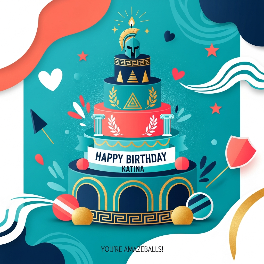 At the bottom of the Abstract Style image, You’re amazeballs!

Full-bleed, cute abstract composition featuring a Greek/Spartan-inspired birthday cake as the bold central motif, rendered with vibrant aqua as the hero color. The cake is built from stacked geometric tiers—cylinders, triangles, and arches—wrapped in flowing curves and dynamic brush-stroke textures. Adorn the tiers with Greek key (meander) borders, laurel wreath shapes, and minimalist Doric-column blocks; top it with a stylized Spartan helmet candle, a gentle glowing flame, and playful sparkles. On the cake, clearly write: “Happy Birthday Katina” in a clean, Greek-inspired but legible type, placed on an aqua ribbon sash across the middle tier; use high-contrast white or metallic gold lettering for clarity. Palette: rich aqua/teal base with pops of bright coral, hot pink, crisp white, deep navy, and gleaming gold; add sharp black accents for graphic punch. Surround the cake with abstract confetti—hearts, stars, and shield-like discs—plus sweeping, high-contrast brush strokes that hint at Aegean waves; keep edges rounded and expressions of shapes soft for a cute, friendly mood. Background: bold blocks and fluid swirls with subtle paper grain and palette-knife texture, airy negative space around the cake, and a soft metallic shimmer on gold details. Place the “You’re amazeballs!” caption small and tidy at the bottom, while “Happy Birthday Katina” is the only prominent text on the cake; keep both crisp and readable.
Generated with these themes: Greece aqua Sparta, and .
Made with ❤️ by AI.