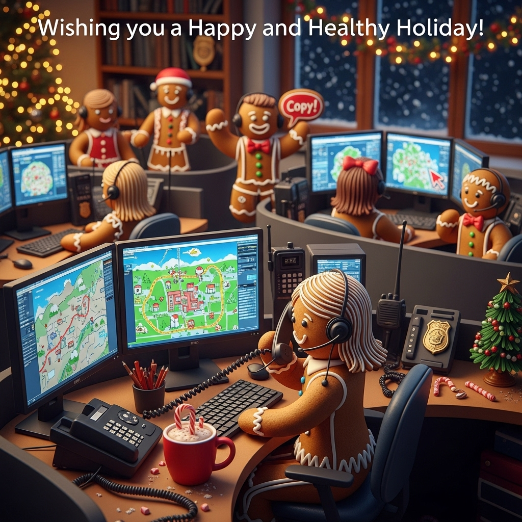 Police dispatcher on phone and computer , Make all people 5 gingerbread woman and 2 gingerbread men, and Christmas Card