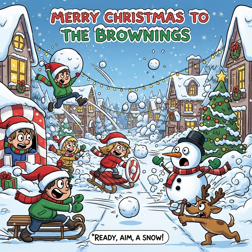 At the top of the Cartoon Style image, "Merry Christmas To The Brownings" in chunky, snow‑topped bubble letters with thick white outline and candy‑cane red/green fills.

A large, full-bleed, funny cartoon scene of a chaotic, joyful snowball fight in a twinkly, snow-dusted village street. Playful characters with exaggerated proportions (big heads, tiny boots, mitteny hands) in bright scarves and Santa hats hurl snowballs with wild, energetic poses. One character leaps midair like a superhero with an oversized snowball; another peeks from a candy-cane-striped snow fort; a third uses a sled as a shield, skidding comically. A jolly snowman “referee” with a carrot whistle looks astonished as a perfect snowball boops his nose. A small dog in reindeer antlers catapults a snowball from a slingshot, eyes sparkling. Motion swooshes, puffs of powder, and glittering flakes fill the air. Cozy cottages with warm golden windows, string lights, and a decorated pine tree frame the background under an icy blue sky. Thick black outlines, bright saturated holiday palette (icy blues, holly greens, candy reds, gold accents), simple cel-shading, and lively, whimsical expressions.

Place one small cheeky caption near the bottom in playful hand-lettering: “Ready, aim, snow!” (No other text.)
Generated with these themes: Snowball fights, and .
Made with ❤️ by AI.