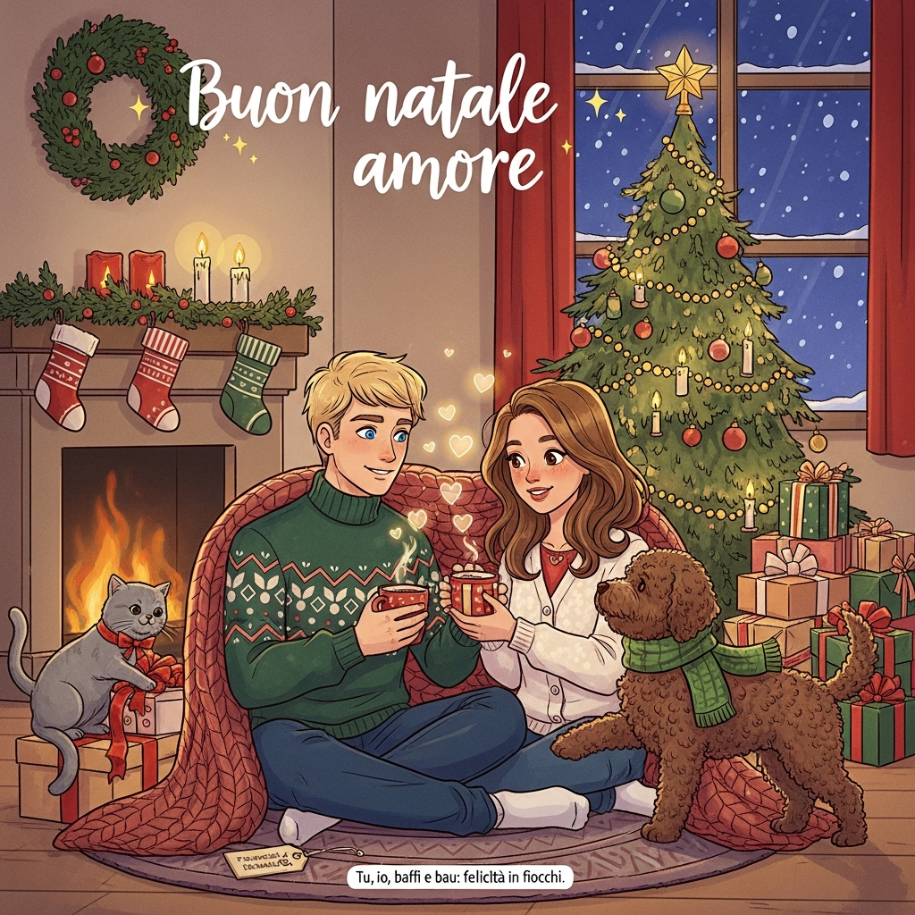 Due innamorati un maschio e una femmina , A natale con tanti regali e l’albero , Un gatto british shorthair grigio , Un lagotto romagnolo marrone , Tanto amore e tanta felicità , Il ragazzo è biondo con gli occhi azzurri mentre la ragazza ha capelli marroni chiaro e occhi marroni, and Christmas Card