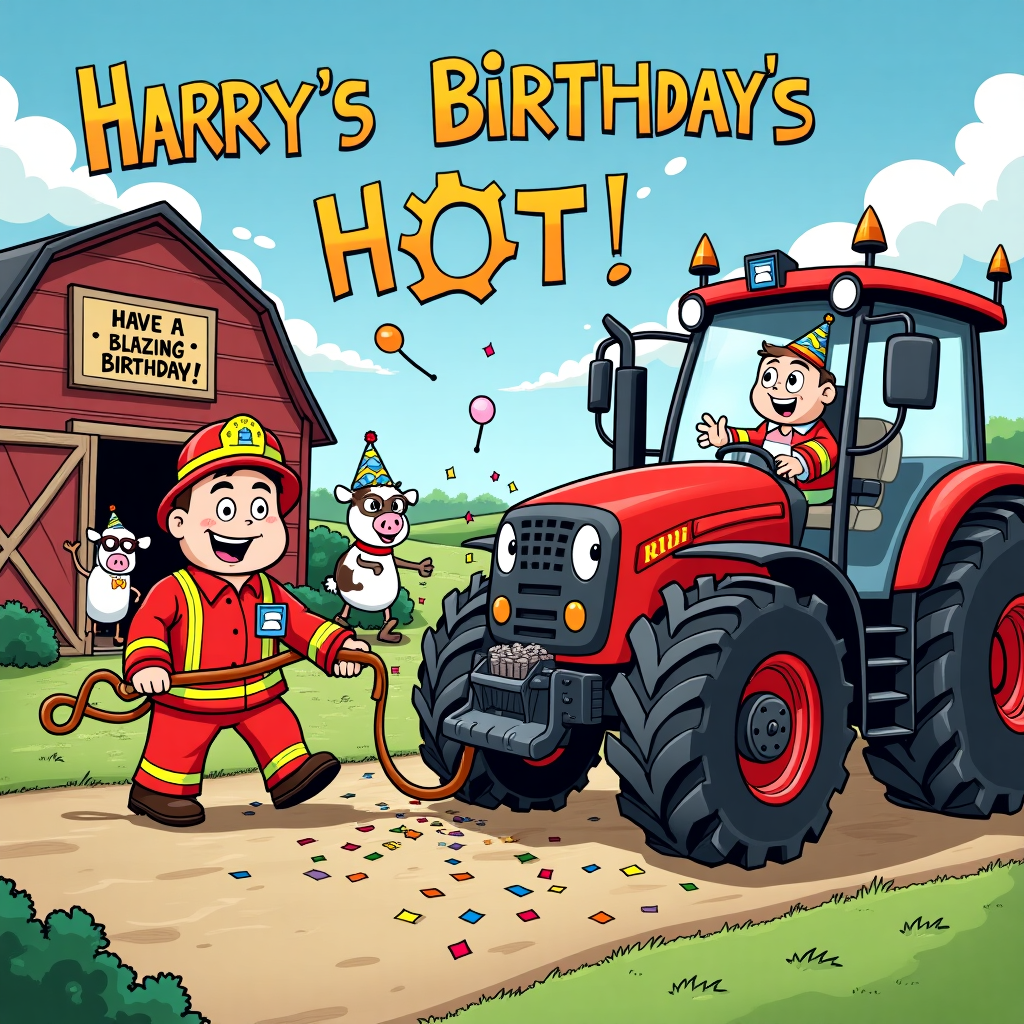 **Image Prompt:**

At the top of the cartoon image: *"Harry’s Birthday’s Getting HOT... Better Call Fireman Ted and Tractor Sam!"*

Create a colourful cartoon image showing a chaotic and hilarious farmyard birthday scene:

- Fireman Sam is in full fire-fighting gear but instead of water, his hose is shooting out confetti and balloons in a panic.
- Tractor Ted has birthday cake splattered all over his front, clearly having crashed into the party table while trying to park.
- Harry (the birthday boy, cartoon style) is wearing a party hat, riding happily in Tractor Ted's scoop bucket, laughing as whipped cream flies everywhere.
- Barn animals (a sheep in sunglasses, a dancing cow, and a pig blowing a party horn) are joining in the madness.
- A barn in the background has a crooked sign reading: “Birthday HQ - Enter If You Dare!”
- Smoke and steam puffs spell out "Have a Blazing Birthday!" above them in the sky.
- The mood is wild, fun, and delightfully ridiculous.  

Style: Cartoonish, exaggerated expressions, bright party colours, plenty of action and motion.
Generated with these themes: Fireman sam, and Tractor ted.
Made with ❤️ by AI.