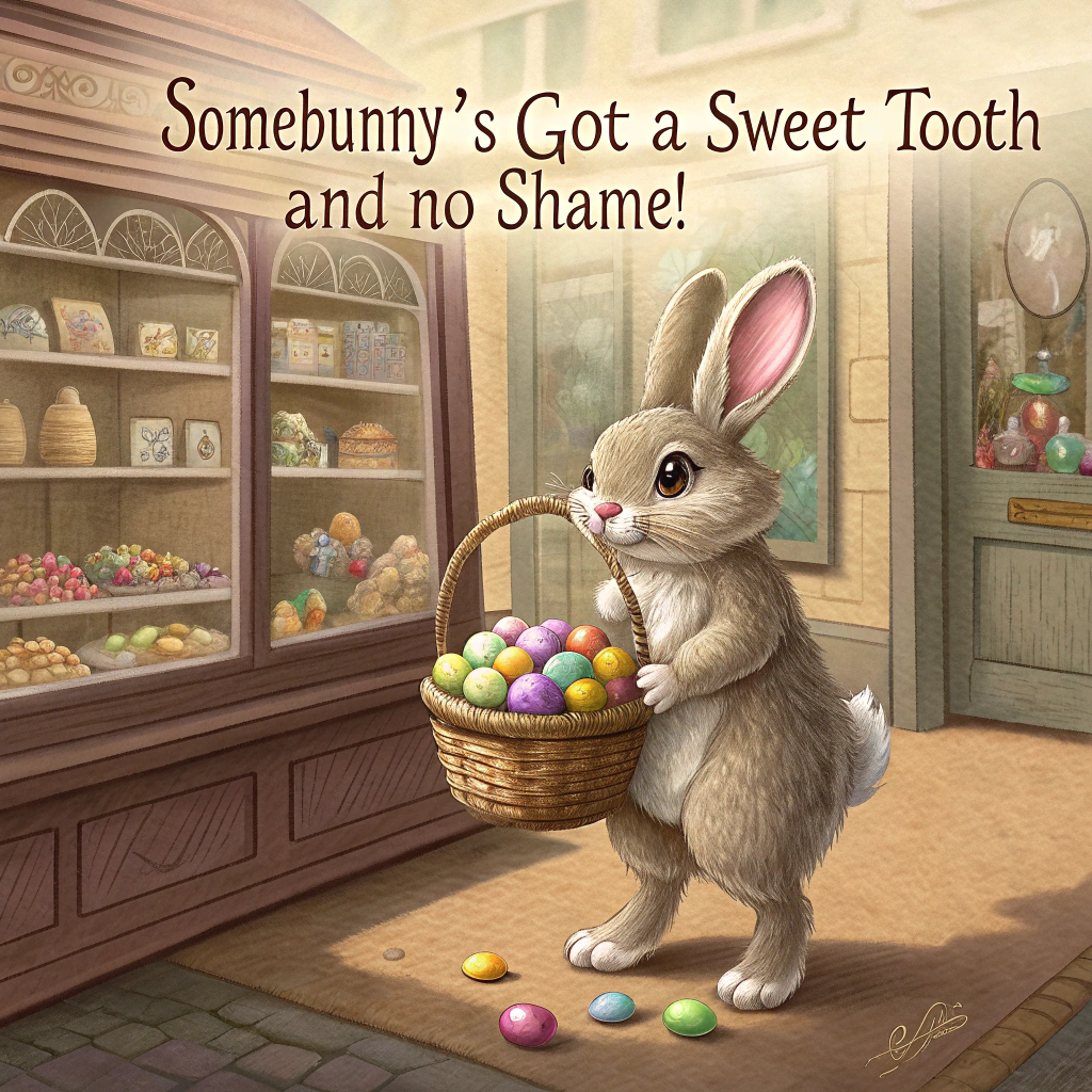 At the top of the image, "Somebunny’s got a sweet tooth and no shame!"

– Depict a charming, realistic photograph-style image of a fluffy Easter bunny with oversized, expressive eyes, standing adorably on its hind legs.  
– The bunny holds a wicker basket overflowing with colorful, foil-wrapped Easter eggs.  
– It gazes longingly through the old-timey glass window of a vintage-style chocolate shop, where shelves are brimming with hand-painted chocolate eggs, delicate candy chicks, and ornate bunny-shaped treats.  
– A golden sign on the shop window reads “Happy Easter” in whimsical cursive.  
– Warm morning light glows across the cobbled street, casting soft reflections in the window, and blooming spring flowers frame the bottom corners of the scene.
Generated with these themes: Cute Easter bunny with big cute eyes, Old fashioned style chocolate shop full of Easter eggs, Easter bunny carrying a basket and looking in the window of the chocolate shop, and Happy Easter written on the shop.
Made with ❤️ by AI.