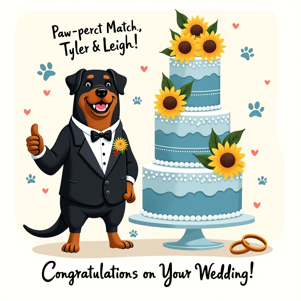 **Image Prompt:**

At the top of the illustration image: **Paw-fect Match, Tyler & Leigh!**

A quirky, humorous illustration featuring a proud Rottweiler standing upright in a sharp black tuxedo, one paw on its hip, and the other giving a thumbs up. The dog is grinning with a little tooth poking out and wearing a tiny boutonniere of sunflowers. Behind the dog is a towering, elegant blue and white wedding cake adorned with large, cheerful sunflowers—one sunflower topper even wears a tiny veil, and another has a bow tie. The background has light-hearted details like floating hearts, scattered paw prints, and wedding rings on a leash. At the bottom in playful script: “Congratulations on Your Wedding!”
Generated with these themes: Just a Rottweiler wearing a tuxedo, Blue and white wedding cake with sunflowers on it, and Congratulations on Your Wedding.
Made with ❤️ by AI.