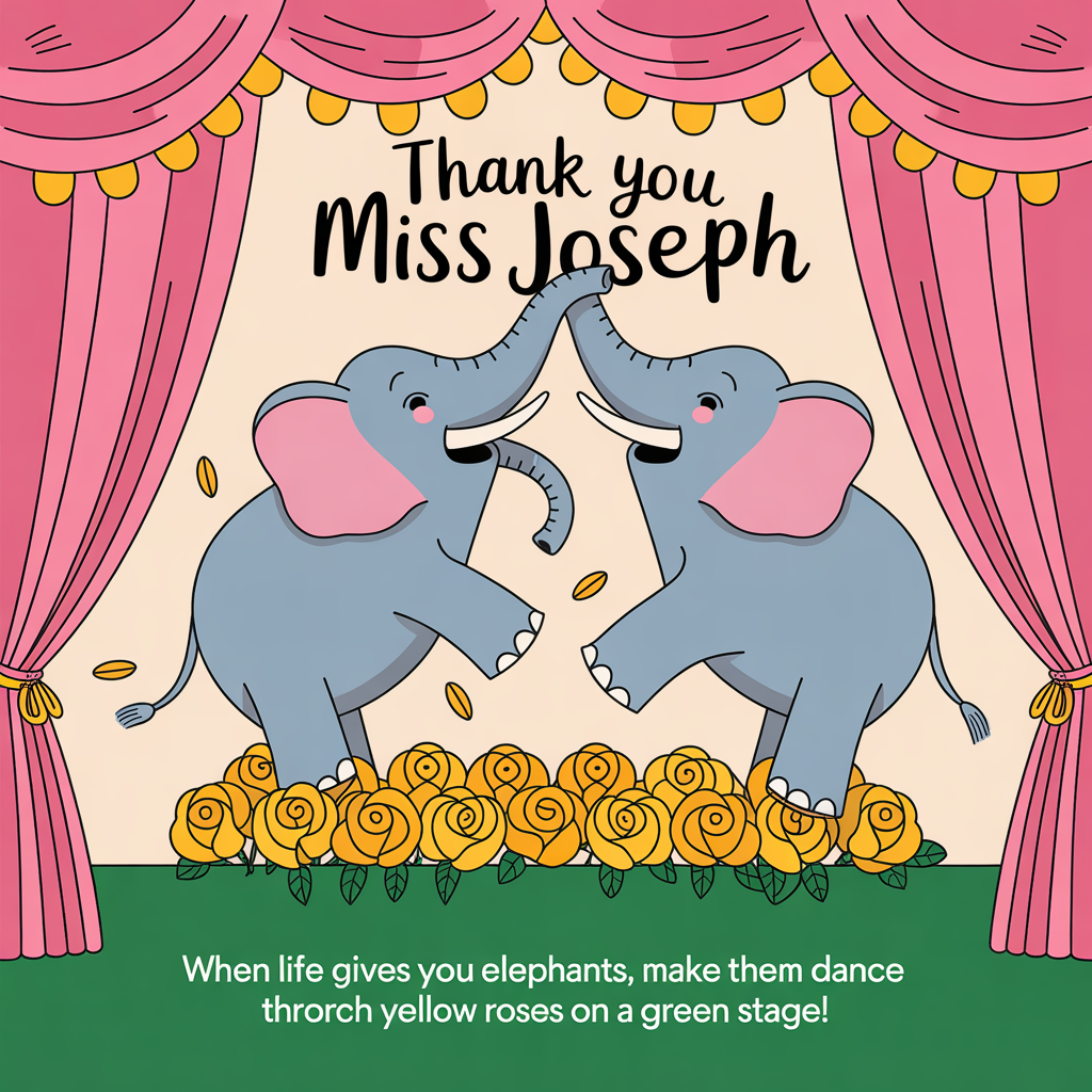 At the top of the image, "Thank You Miss Joseph":

  At the bottom of the image, "When life gives you elephants, make them dance through yellow roses on a green stage!"
Generated with these themes: Yellow roses, elephants, the colour green, and .
Made with ❤️ by AI.