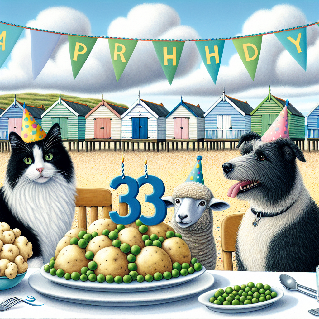 Black & white cat, sheep, border collie, potatoes and peas, England seaside, “33“ Birthday Card