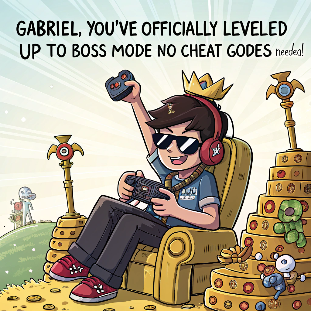 At the top of the image, "Gabriel, you've officially leveled up to 'Boss Mode' – no cheat codes needed!"

— Illustration:  
Create a vibrant, cartoon-style image of a teenage boy (Gabriel) sitting triumphantly on a golden gaming throne made of stacked video game consoles, holding a blinged-out controller like a scepter. He's wearing oversized gamer headphones and flashy sunglasses. Around him are adoring little pixelated game characters (like 8-bit knights, wizards, and tiny dragons) throwing pixelated confetti and banners that say "Victory!" and "Achievement Unlocked!".  

The vibe is funny, colorful, and a little bit cheeky—celebrating Gabriel’s achievement like he’s just conquered the ultimate game!
Generated with these themes: A teeage boy, avid gamer.
Made with ❤️ by AI.