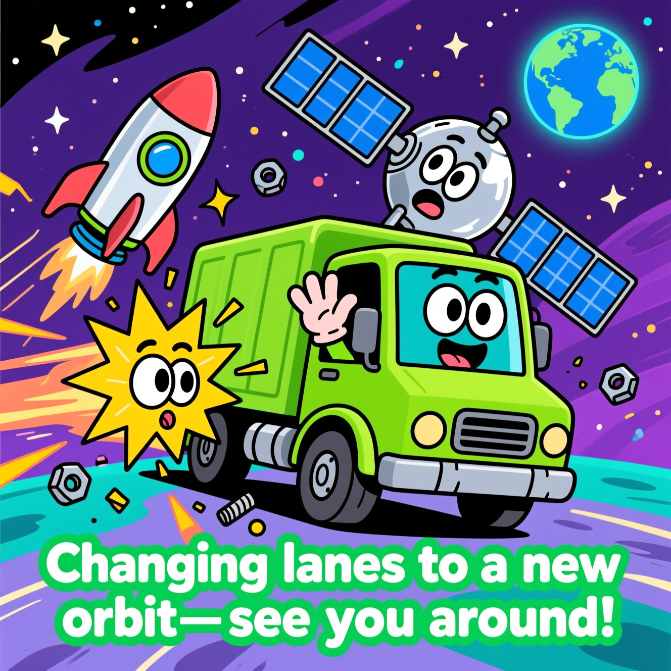 Playful cartoon with exaggerated proportions, thick black outlines, and bright saturated colors. Vertical, image-first composition. In outer space, a bright lime-green lorry with tiny rocket boosters zooms diagonally and bonks into a shiny silver satellite with blue solar panels; both are anthropomorphized: the lorry’s windshield has big goofy eyes and a cheeky grin, a gloved hand waving out the window; the satellite has wide, shocked eyes and a wobbling jaw. Big comic starburst at the impact point, solar panel bending, loose nuts and bolts tumbling, bold motion swooshes and sparkly debris arcs. Cosmic backdrop of deep purples and teals with twinkling stars and a small glowing Earth in the distance. Clean cel-shading, chunky contours, energetic, whimsical poses. Place a single short caption at the bottom center in chunky rounded white lettering with a bright green outline and a subtle drop shadow; include only this line: “Changing lanes to a new orbit—see you around!” No other text.
Generated with these themes: Satellite being hit by green lorry, and .
Made with ❤️ by AI.