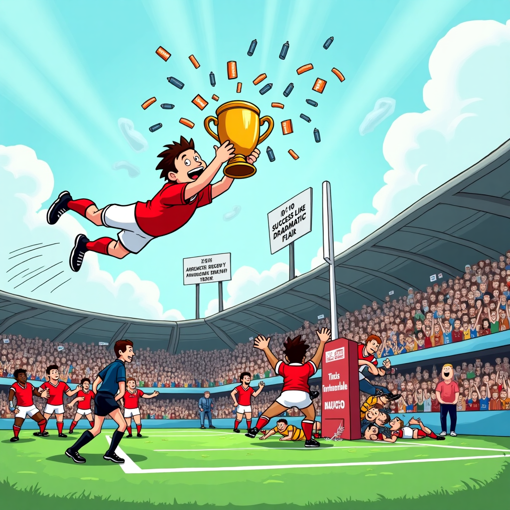 At the top of the cartoon image: *Goodey Scores a Try... at Life!*

Image Prompt: A cartoon rugby pitch scene mid-celebration — Goodey is flying through the air in full rugby gear, triumphantly slam-dunking a giant golden trophy over the goalpost like a rugby ball. His teammates are tossing water bottles like confetti, and a referee sheepishly holds up a card that reads "10/10 for Dramatic Flair." A crowd of rugby fans in the stands cheer with signs like “Tackle Success Like Goodey!” and “Scrum-believable Achievement!” In the background, a flustered coach is trying to climb out of a celebratory pile-on, shouting “This isn’t how I taught them!” 

The whole scene is exaggerated and playful, capturing a silly, action-packed moment of rugby glory to humorously congratulate Goodey.
Generated with these themes: Rugby .
Made with ❤️ by AI.