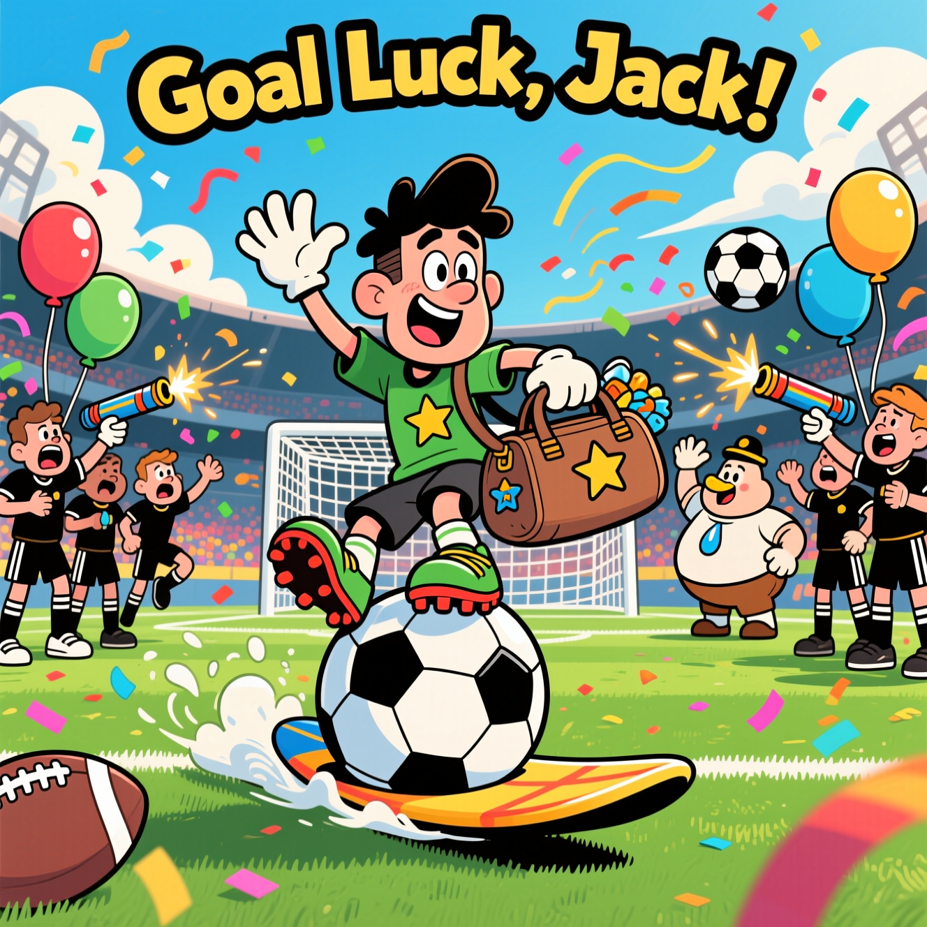 At the top of the Cartoon Style image, "Goal Luck, Jack!"

Playful, high-energy cartoon soccer scene in a sunlit stadium. Front and center, a goofy, heroic Jack with an oversized head and huge cleats rides a giant rolling soccer ball like a surfboard, one hand waving farewell, the other clutching a comically overstuffed duffel bag with generic star patches. Teammates form a guard of honor on both sides in wildly exaggerated poses—leaping, dabbing, mock-sobbing big football-shaped tears, firing confetti cannons—while a chubby whistle-mascot salutes and the goal net in the background stretches like a waving hand. Motion swooshes, sparkles, and streamers arc across the emerald pitch; balloon-like clouds and confetti shapes echo soccer motifs. Thick black outlines, bright saturated colors, playful cel shading, glossy highlights, whimsical proportions, expressive faces, and a slightly wide-angle perspective for extra dynamism. No other text.
Generated with these themes: Soccer, and .
Made with ❤️ by AI.