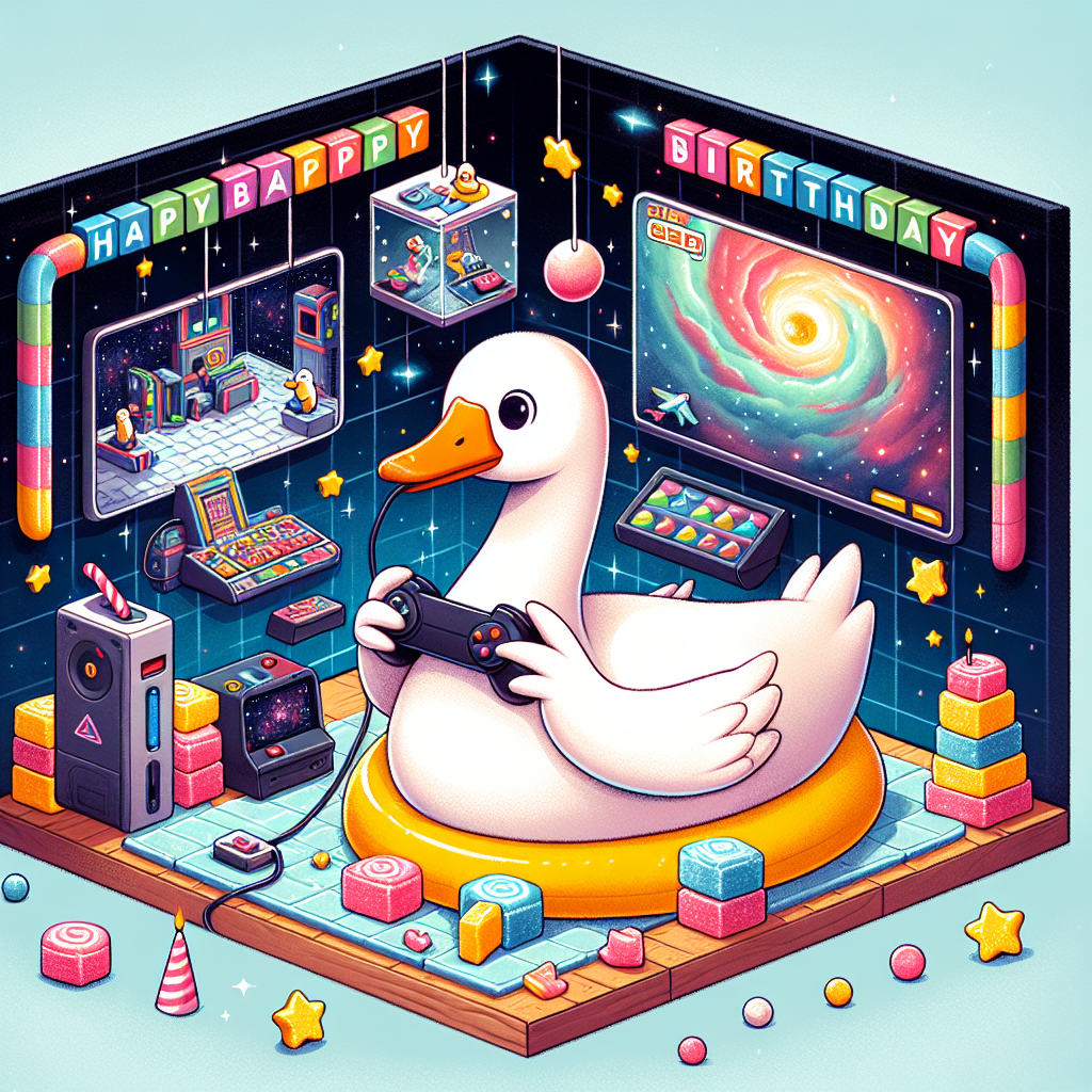 Create a charming illustration that would be perfect for a birthday card. The central character is a goose engrossed in a virtual reality game, perched in a room scattered with sour candies, signifying birthday sweets. Intelligently incorporated into the theme are building blocks resembling a tiny space station and gaming consoles. The background is artistically envisioned as an outer space panorama, characterized by twinkling stars and a nebula. Elements from arcade game graphics subtly incorporated into the nebula complements the theme, effortlessly merging aspects of space and gaming into the birthday ambiance.
Generated with these themes: Goose in vr headset, Haribo sours, Lego, Space, and Gaming.
Made with ❤️ by AI.