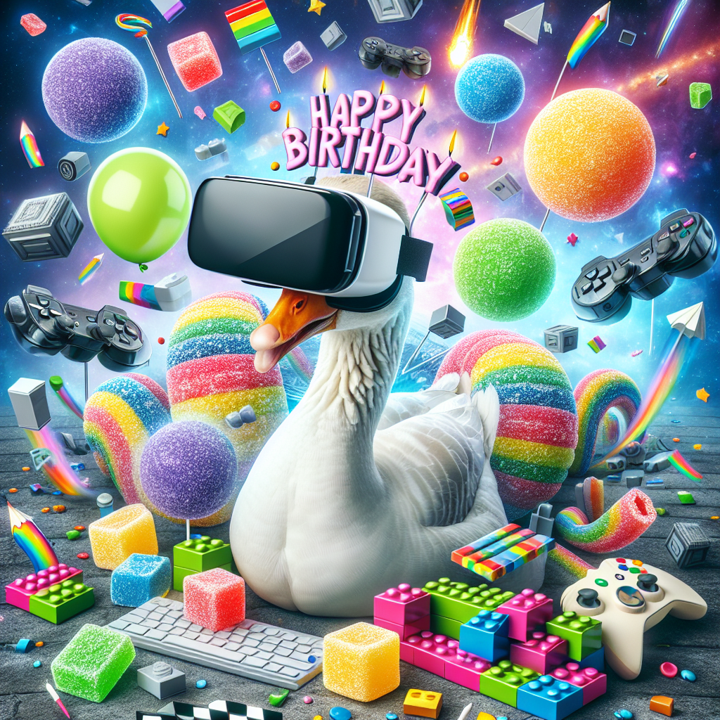 A delightful birthday image showing a fantastical scene. Here, a goose is wearing a VR headset and it appears to be surrounded by brightly colored round and cuboid sour candies and multicolored Lego blocks. The background reveals an imaginary space scene filled with elements of games such as gaming controllers and pixelated art forms. This unique composition merges the concepts of virtual reality, sweets, building blocks, space explorations, and video games into a striking birthday environment.
Generated with these themes: Goose in vr headset, Haribo sours, Lego, Space, and Gaming.
Made with ❤️ by AI.