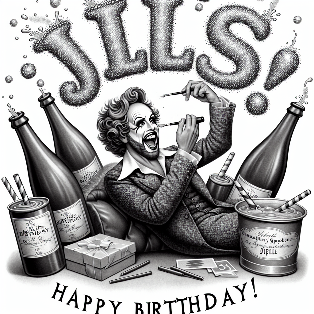 A humorous birthday illustration showcasing the letters 'JLS' amusingly incorporated into an energetic scene. The central figure, an effervescent individual of unspecified gender and descent, applies generic makeup with theatrical grandeur. Surrounding them, bottles of sparkling celebratory drink burst and fizz, with bubbles ingeniously shaping the words 'Happy Birthday!'. The surrounding vibe hints at an ambiance of playful festivity.
Generated with these themes: JLS, MAC makeup, and Prosecco.
Made with ❤️ by AI.