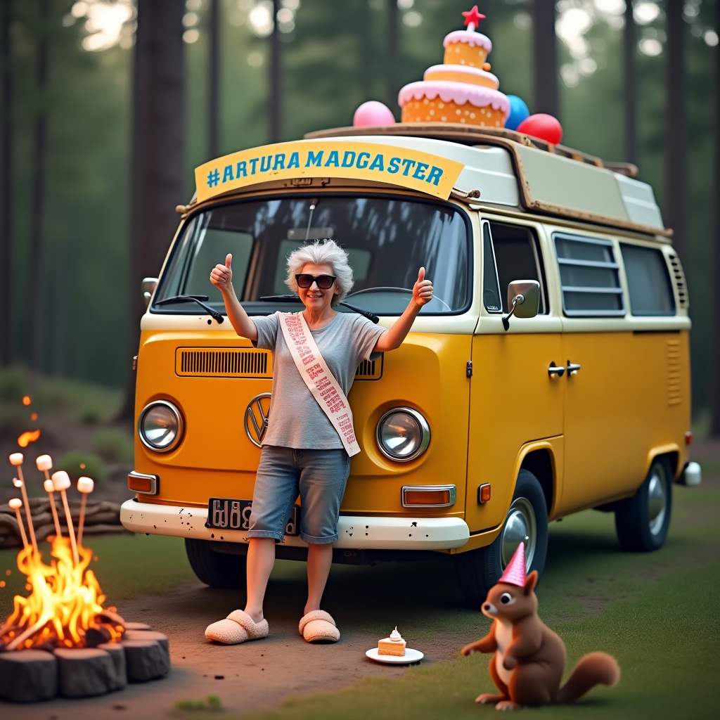 At the top of the realistic photograph image, *"Aly, you're officially old enough to be a vintage camper — and twice as gassy!"*

**Prompt for image generation:**

A realistic, high-resolution photograph of a brightly colored, slightly battered vintage camper van (think 70s VW style) parked in a peaceful, forested camping area. The camper van has humorous birthday decorations: a big "OVER THE HILL" banner draped across the windshield, balloons tied to the side mirrors, and a goofy inflatable birthday cake on the roof. Outside the camper van, an older woman with grey streaks and party sunglasses is striking a thumbs-up pose, holding a giant sparkly cupcake while wearing fuzzy slippers and a birthday sash that reads “Camper Queen.” In the background, a campfire is burning with marshmallows roasting on impossibly long skewers, and a squirrel wearing a tiny party hat is eyeing a piece of cake on a picnic table. The whole scene has warm sunset lighting, evoking a whimsical but realistic vibe.
Generated with these themes: Camper van.
Made with ❤️ by AI.