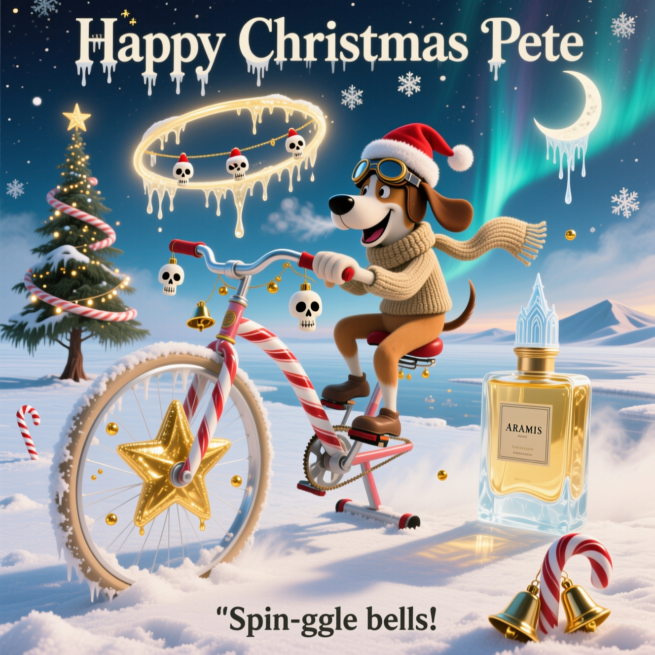 Exercise bike, Aramis edt, skulls, white wine, muttley dog, and Christmas Card
