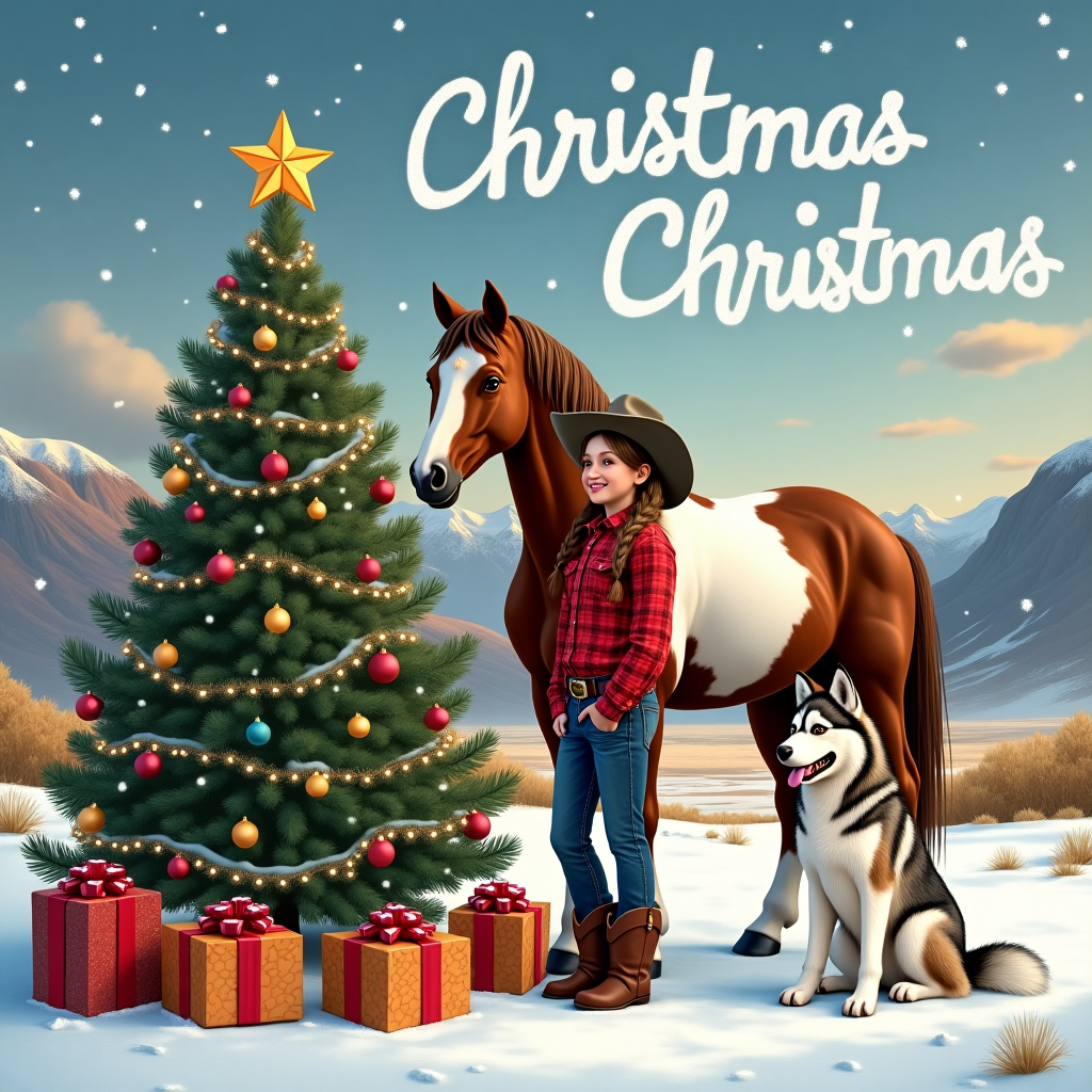 Western horse , cowgirl , paint horse , Christmas tree , gifts , and Malamute Christmas Card