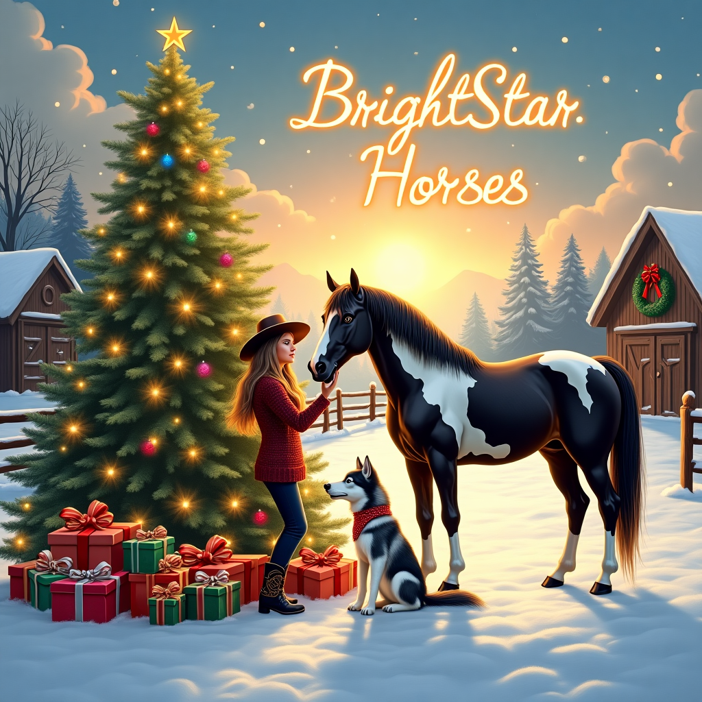 In this charming Christmas scene, imagine a snowy Western landscape illuminated by the soft glow of the setting sun, casting a warm, golden light over the tableau. At the center, a beautiful paint horse, with its striking black and white patches, stands gracefully beside a tall, lush Christmas tree adorned with twinkling lights and colorful baubles. Beneath the tree, an assortment of beautifully wrapped gifts in shimmering red, green, and gold paper, each tied with intricate ribbons, await eager hands. 

To the left, a spirited cowgirl, clad in a classic Western outfit complete with a wide-brimmed hat and embroidered leather boots, gently pats the horse's neck, whispering festive secrets. Beside her, a majestic Malamute, with its thick, fluffy coat of silver and white, sits obediently, its bright eyes reflecting the twinkle of the Christmas lights, a festive red bandana tied around its neck.

In the sky, wispy clouds swirl into a magical pattern that spell out "BrightStar Western Horses" in elegant script, as if painted by an unseen hand. The lettering shimmers subtly, adding a celestial touch to the scene. In the background, wooden fences dusted with snow and a quaint barn adorned with a wreath add rustic charm, while softly falling snowflakes complete this enchanting Christmas moment, ready to be captured on a greeting card.
Generated with these themes: Western horse , cowgirl , paint horse , Christmas tree , gifts , and Malamute.
Made with ❤️ by AI.