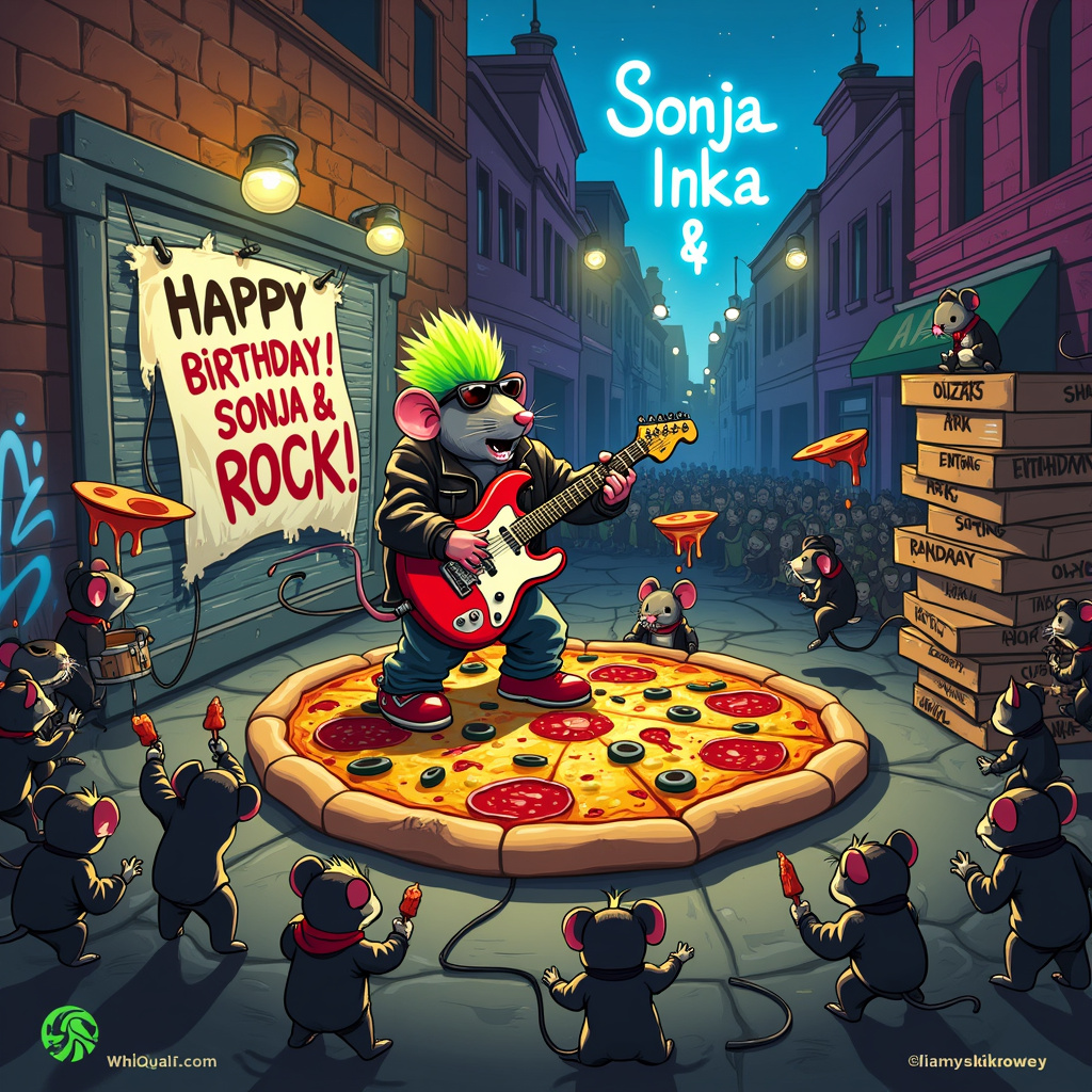 Punk, Music, Mouse, and Pizza Birthday Card