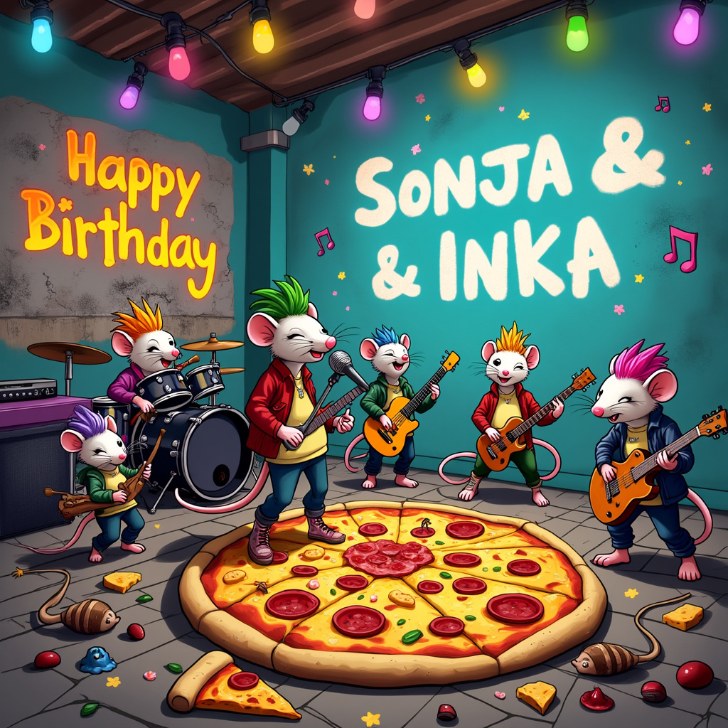 The scene takes place in a vibrant, neon-colored punk rock venue that's been taken over by an eclectic mix of animals. The stage is set with a rickety but energetic punk band composed of cartoonish mice, each with distinct punk hairstyles—spikes, mohawks, and dyed fur in wild colors. The lead mouse vocalist clutches a tiny microphone stand, passionately singing into it. Surrounding him, the band members play miniature electric guitars, a bass, and a drum set that looks like it’s been cobbled together from bits of cheese and matchsticks.

Center stage, a massive, deliciously cheesy pizza serves as the mosh pit. Several other mice and tiny critters dive in, scattering toppings like pepperoni and mushrooms as they surf across the pizza. 

On the back wall of the venue, a large graffiti mural features a spray-painted "Happy Birthday Sonja & Inka" in vibrant, punk-styled lettering. A cartoonish, grinning mouse, holding a slice of pizza in one paw and a microphone in the other, stands proudly next to the text.

Suspended from the ceiling, multicolored fairy lights form the shape of musical notes and punk rock symbols, casting a quirky, festive glow over the entire scene. Above it all, in the sky visible through a broken roof window, clouds spell out “Sonja & Inka” in whimsical, fluffy letters, adding an extra layer of magic to the raucous celebration below. 

The foreground is littered with more tiny instruments and punk paraphernalia like studded collars, safety pins, and even a mini leather jacket draped over a pizza box, giving the scene a cluttered, yet joyously chaotic vibe.
Generated with these themes: Punk, Music, Mouse, and Pizza.
Made with ❤️ by AI.