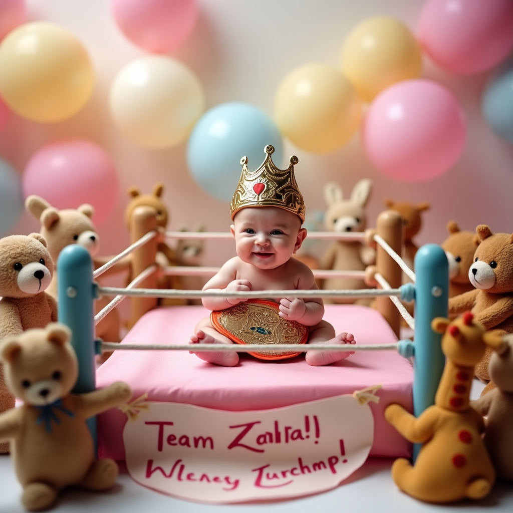 Here’s the prompt based on your request:

---

At the top of the realistic photograph image, **"Tiny but mighty, Zahra has arrived!"**

Create a hyper-realistic, well-lit photograph of a baby girl (newborn age) lying triumphantly in a miniature wrestling ring, wearing a teeny pink champion belt and a tiny golden crown that's a little too big and tilting off her head. Her little fists are raised in a "victory" pose, and around the ring are stuffed animal spectators (bears, rabbits, giraffes) "cheering" with handmade mini banners that say funny phrases like "Team Zahra!" and "Future World Champ!" The background is bright and playful, filled with balloons and soft pastel decorations (mainly pinks, yellows, and soft blues). The scene feels heartwarmingly funny, sweet, and delightfully cheeky, perfect to celebrate the arrival of a powerful little girl!
Generated with these themes: Baby girl .
Made with ❤️ by AI.
