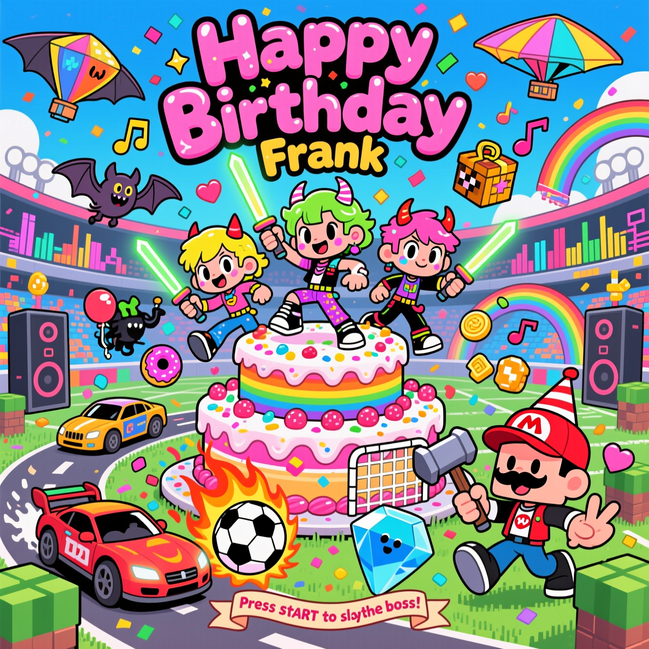 K POP demon hunters, Music, Cars, Football, Sweets, Minecraft, Mario, Fortnite, and Birthday Card