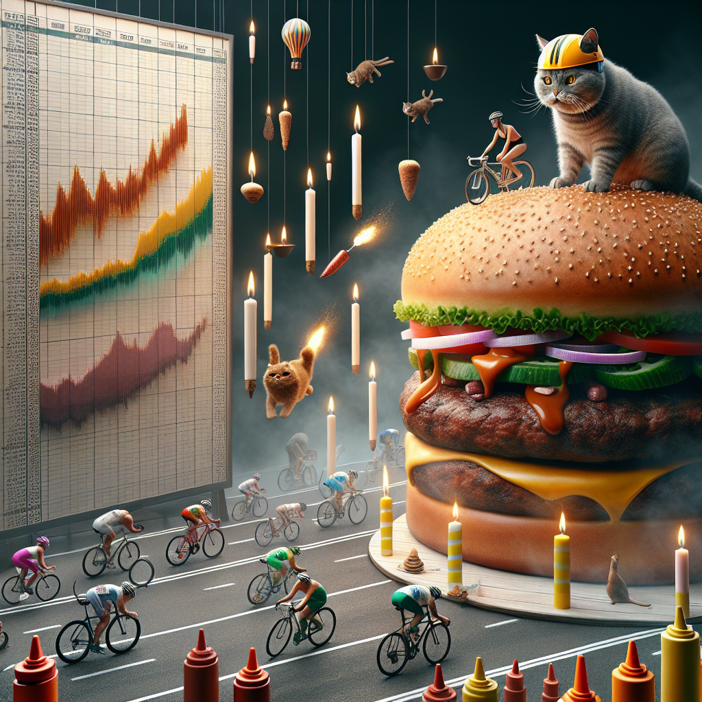 Cat on a bike wearing helmet, Cycling race, Heinz ketchup poured, Spreadsheet, Burger, Birthday cake, and Data graphs Birthday Card