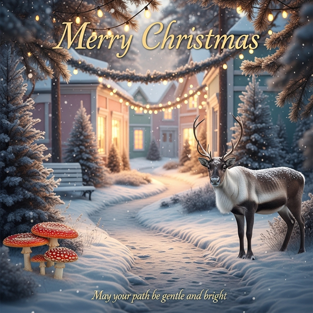 Pastel Christmas shops, Christmas tree forest, reindeer, amanita muscaria,path way, and Christmas Card