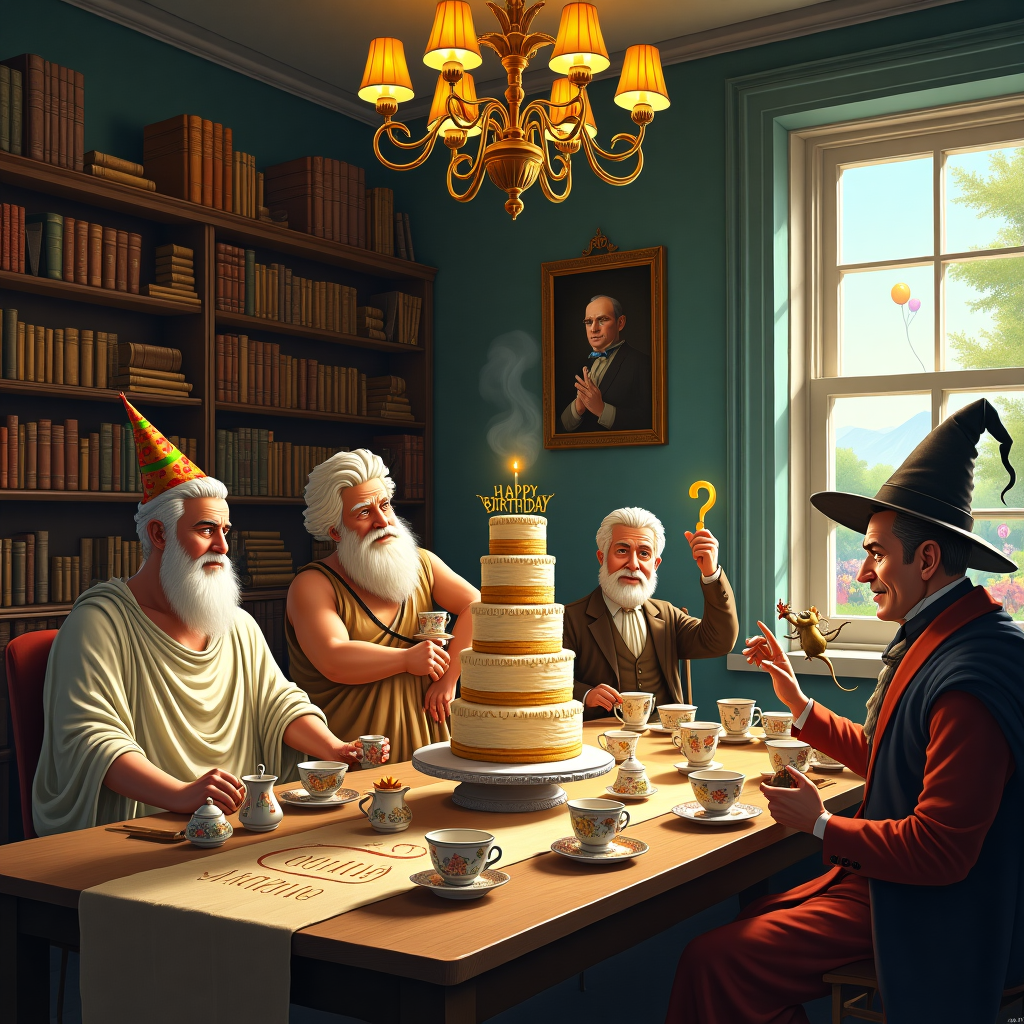 The scene unfolds in a cozy, whimsical study where a grand birthday celebration is taking place amidst stacks of leather-bound tomes and parchment scrolls. In the foreground, a long, wooden table is the stage for a lively philosophical tea party. At the head of the table sits Socrates, his signature toga swapped for a colorful party hat. His tea cup, decorated with playful illustrations of ancient Greek motifs, steams with a hint of cinnamon. Next to him, a jovial Aristotle, in a ruffled Victorian shirt, eagerly slices into a towering, multi-layered birthday cake shaped like a stack of his own works, complete with "Happy Birthday Alex" spelled out in spun sugar calligraphy.

On the opposite side, a bemused Plato, sporting an eccentric waistcoat, raises his monocle to inspect a floating, translucent tea kettle, seemingly pouring itself. Scattered across the table are teapots and cups, each with its own unique pattern reminiscent of Beatrix Potter's gentle whimsy and Aubrey Beardsley’s intricate detailing. At the center, a little mouse, wearing a tiny wizard hat, raises a teacup triumphantly.

Above, a grand, gilded chandelier, its arms curling like philosophical question marks, casts a warm glow. Behind this lively gathering, floor-to-ceiling bookshelves hold the literary greats, their spines bearing titles from classic philosophical works, humorously interspersed with fictitious titles like "The Theory of Birthday Relativity" and "Cakeology: A Philosophical Inquiry." The walls are adorned with portraits of famous philosophers caught mid-debate, painted in the rich hues of a Maxfield Parrish twilight.

A window to the right reveals a fantastical landscape outside, inspired by Maurice Sendak’s imaginative worlds, where a parade of anthropomorphic animals march, carrying balloons and confetti, ready to join the celebration. The room is a cacophony of intellect, whimsy, and celebration, perfectly encapsulating a birthday where the world’s greatest thinkers gather for cake and contemplation.
Generated with these themes: Tea cup, Philosophers, Birthday cake, and The text "Happy Birthday Alex" .
Made with ❤️ by AI.