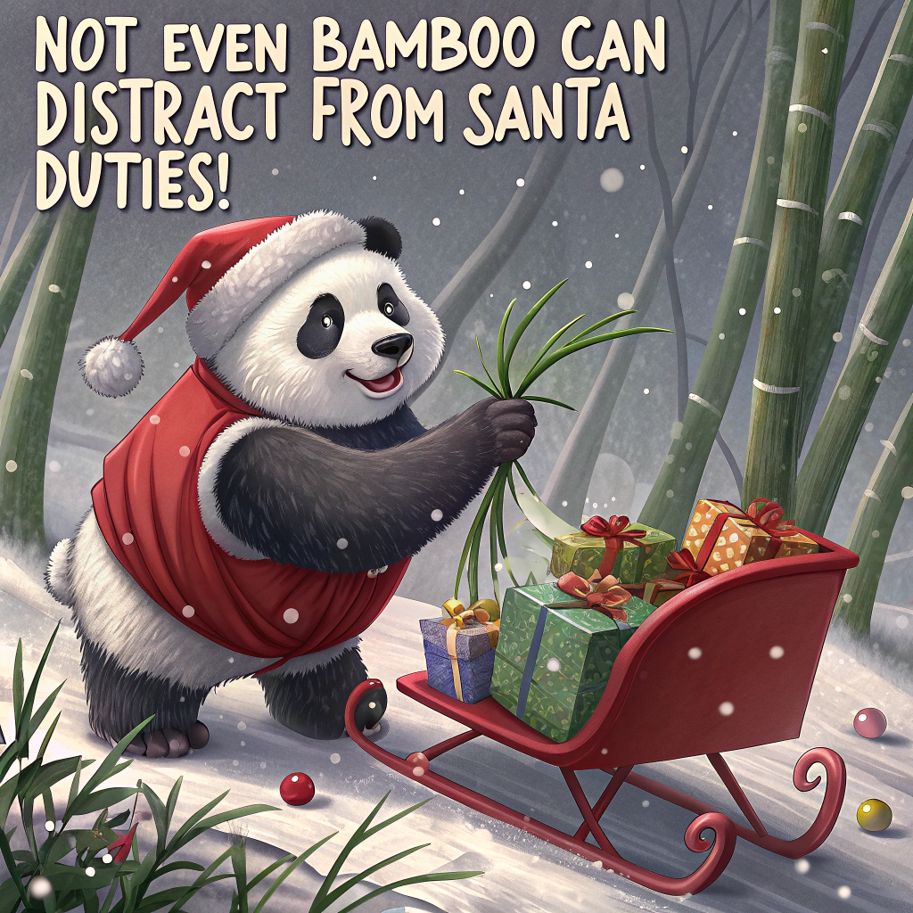 At the top of the image, "Not even bamboo can distract from Santa duties!"

- In the center of the image, show a highly realistic photograph of a chubby panda in snowy bamboo forest in China, hilariously dressed as Santa Claus.  
- The panda is trying (and failing) to climb into a red sleigh made for humans, which is tangled up in bamboo stalks.  
- Around him are scattered Christmas gifts—some partially opened—with chewed bamboo inside.  
- Tiny birds in Santa hats perch nearby, watching in confused amusement.  
- Snow gently falls in the background, and a "Naughty List" is visible sticking out from under the sleigh.  
- The entire scene has a candid, photorealistic style—like a snapshot caught at the most chaotic North Pole team-up ever.
Generated with these themes: panda in china.
Made with ❤️ by AI.