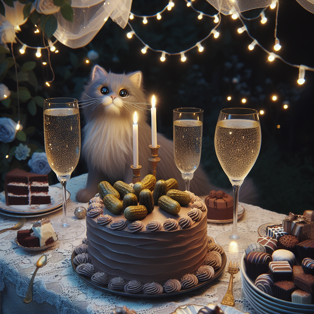 In a cosy garden, soft fairy lights are glimmering overhead while an appealingly lifelike grey cat toys with a fluttering ribbon. Close to this scene, there's a table hidden under a lace cloth. A homemade chocolate birthday cake takes the spotlight, its velvety chocolate layers partially visible through a luxurious cream frosting. Oddly, the cake is garnished with gherkin pickles. Next to it, glasses of bubbly white wine are set up neatly, their bubbles reflecting the moonlight. Plates filled with mixed chocolate treats are spread invitingly near them, hinting at a sweet and merrymaking atmosphere.
Generated with these themes: Grey cat, White wine, Cake, Pickles, and Chocolate.
Made with ❤️ by AI.