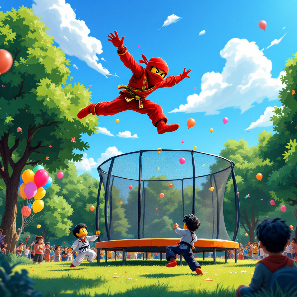 In a whimsical and vibrant cartoon scene inspired by the playful, adventurous worlds of Charles Schulz and Bill Watterson, we find ourselves at an outdoor birthday party that’s nothing short of an animated spectacle. Picture a lush green park filled with colorful balloons swaying in the breeze, where a large trampoline takes center stage. Bouncing high above it is a cheerful Ninjago character clad in a bright red ninja outfit, complete with a matching mask and gold accents. As they leap into the air, their motion is captured in dynamic comic book-style action lines, reminiscent of Will Eisner’s graphic novels.

To the left of the trampoline, we see a spirited Taekwondo demonstration taking place. A young cartoon character, clearly inspired by the energy and style of Osamu Tezuka, is mid-kick, frozen in a dramatic pose. They wear a crisp white dobok with a black belt, their expression full of concentration as they perform in front of a small group of applauding onlookers.

Above this lively gathering, the sky is a brilliant blue with a few fluffy clouds. Wisely woven into these clouds, in playful, curvy letters that mimic a swooping martial arts move, are the words “Happy Birthday Rishaan!” This adds a whimsical touch that echoes the imaginative and quirky spirit of Hergé and Gary Larson.

To the right, a picnic table is set up with party hats, and a large birthday cake steals the spotlight. It’s decorated with ninja and Taekwondo figures, as well as mini trampolines made of frosting. On top of the cake, in colorful, sugary letters, Rishaan’s name is spelled out prominently, surrounded by tiny edible ninja stars and candles shaped like jumping figures.

In the background, comic book-style speech bubbles, a nod to the works of R. Crumb, capture snippets of animated conversations among the guests, with words like "Wow!" and "Awesome jump!" adding to the lively atmosphere. This captivating birthday scene, bursting with action and creativity, invites you to dive into the celebration with Rishaan.
Generated with these themes: Ninjago, Taekwondo, and Trampoline.
Made with ❤️ by AI.