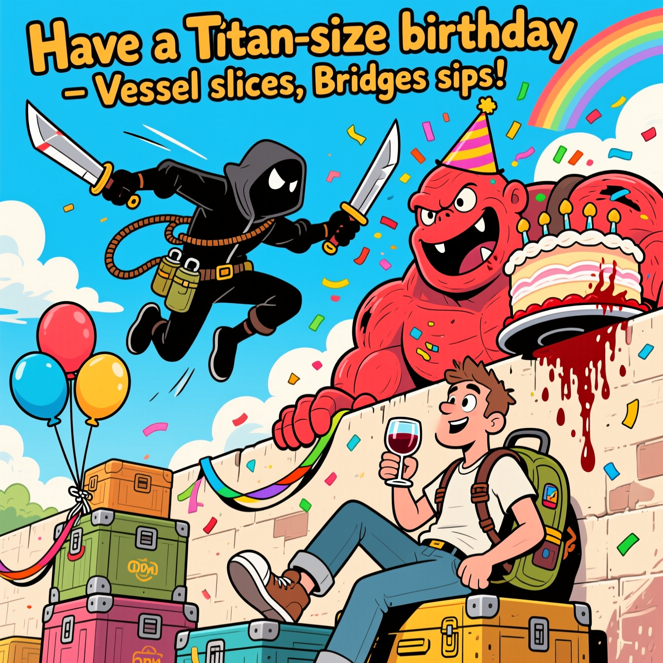 Playful, funny cartoon scene with thick black outlines, bright saturated colors, and energetic poses. Vessel (from Sleep Token), a masked, hooded figure, is mid-air with ODM gear: hip canisters, taut grappling cables, and twin blades poised, swooping in dramatically. He’s zipping toward a comically huge, non-gory Colossal Titan peeking over a wall—stylized sinewy red, big goofy grin, a tilted party hat, confetti bursting around its head. In the foreground, Sam Porter Bridges lounges on stacked cargo cases with his iconic backpack frame, casually sitting and sipping a glass of red wine, one eyebrow raised. Add birthday balloons tied to a cargo strap, streamers, and a giant cake perched on the wall edge (no blood; keep everything lighthearted and family-friendly). Exaggerated proportions, motion lines, whimsical expressions, sunny sky with puffy clouds and rainbow sprinkles. Slight low-angle wide shot to sell the scale.

Include a single short caption in a chunky hand-lettered cartoon font near the top:
“Have a Titan-size birthday — Vessel slices, Bridges sips!”

No other text. No gore. Bright, celebratory color palette.
Generated with these themes: Attack on titan , Death stranding , Wine , Sleep token , and .
Made with ❤️ by AI.