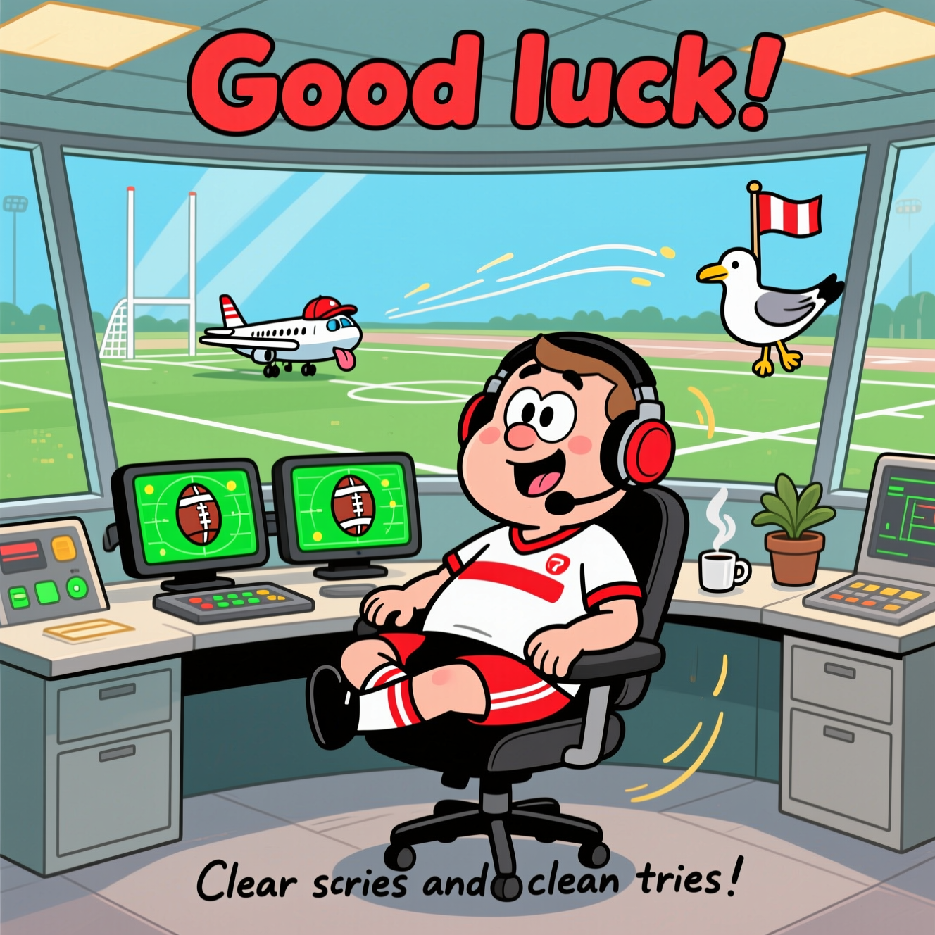 At the top of the Cartoon Style image, Good luck

Playful, funny cartoon scene inside a quiet air traffic control tower. Central focus: a big-headed, goofy air traffic controller sitting cross‑legged in an oversized swivel chair, wearing a white rugby jersey with bold red accents and an outsized headset. Thick black outlines, exaggerated proportions, bright saturated colors, and bouncy, energetic posing.

In front of them, chunky consoles glow with lime-green radar screens where the blips are rugby-ball shaped, leaving swooshy trails. Through the huge wraparound windows, the runway looks like a rugby pitch: crisp green, painted lines, and towering white goalposts at the far end. A small cartoon airplane wearing a scrum cap lines up for a “conversion,” tongue out in comic concentration. A cheeky seagull in referee stripes hovers to one side, raising a tiny flag. The room feels peacefully quiet: soft light, tidy panels, a little potted plant, and a gently steaming cup, with whimsical motion lines adding energy without breaking the hush.

Add a small hand-lettered caption at the bottom: Clear skies and clean tries!

Style notes: playful cartoon aesthetic, thick outlines, glossy highlights, punchy reds and whites for rugby elements, sky blues and teals, runway greens, warm golden accents. No other legible text.
Generated with these themes: Sitting in Quiet Air traffic control tower, English rugby, , and .
Made with ❤️ by AI.