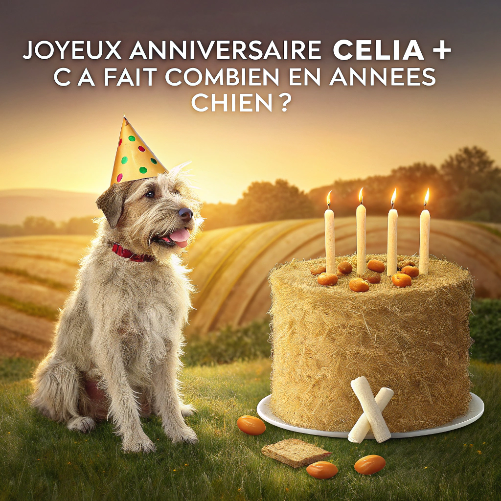 At the top of the Photorealistic picture taken from a camera image, "JOYEUX ANNIVERSAIRE CÉLIA + ÇA FAIT COMBIEN EN ANNÉES CHIEN ?"

Ultra-high-definition 4K UHD, photorealistic, true-to-life scene in the French campagne at golden hour: an eye-level camera captures a cheeky farm dog (medium-sized, scruffy, wearing a colorful polka-dot party hat) sitting in front of a small round hay-bale “birthday cake” decorated with bone-shaped candles. A neat line of seven dog biscuits beside one big candle playfully hints at dog-years math. Background: rustic stone farmhouse with blue shutters, rolling wheat fields, a row of sunflowers, and a vintage bicycle leaning on a wooden fence; festive bunting strung between apple trees. Funny mood: the dog tilts its head as if calculating. Accurate warm sunlight with soft shadows; lifelike textures in fur, straw, and weathered wood; rich depth of field with shallow focus isolating the dog and hay-cake, creamy countryside bokeh. Leave ample clean sky/negative space so the top text reads clearly in bold, celebratory lettering; no additional words in the scene. Shot on a full-frame camera, 50mm prime, f/2, ISO 100, 1/500s, natural color and crisp detail.
Generated with these themes: Campagne, and .
Made with ❤️ by AI.