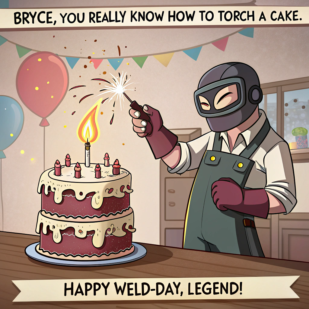 At the top of the image, "Bryce, you really know how to torch a cake—Happy Weld-day, Legend!"

- In the center of the illustration, show a comical cartoon scene where Bryce, wearing a welder's mask flipped up, is holding a blowtorch and proudly “frosting” a multi-layered birthday cake with melted metal instead of icing.
- Sparks fly hilariously as candles on the cake accidentally ignite a nearby helium balloon, which floats upward in surprise.
- The workshop around him has festive touches—birthday streamers draped over tool racks, a banner that reads “Forging Another Year!”
- Include exaggerated expressions of two fellow cartoon welders in the background: one shielding his face from the blast of flame, and the other clapping while holding a cupcake in welding gloves.
Generated with these themes: Welder with birthday cake.
Made with ❤️ by AI.