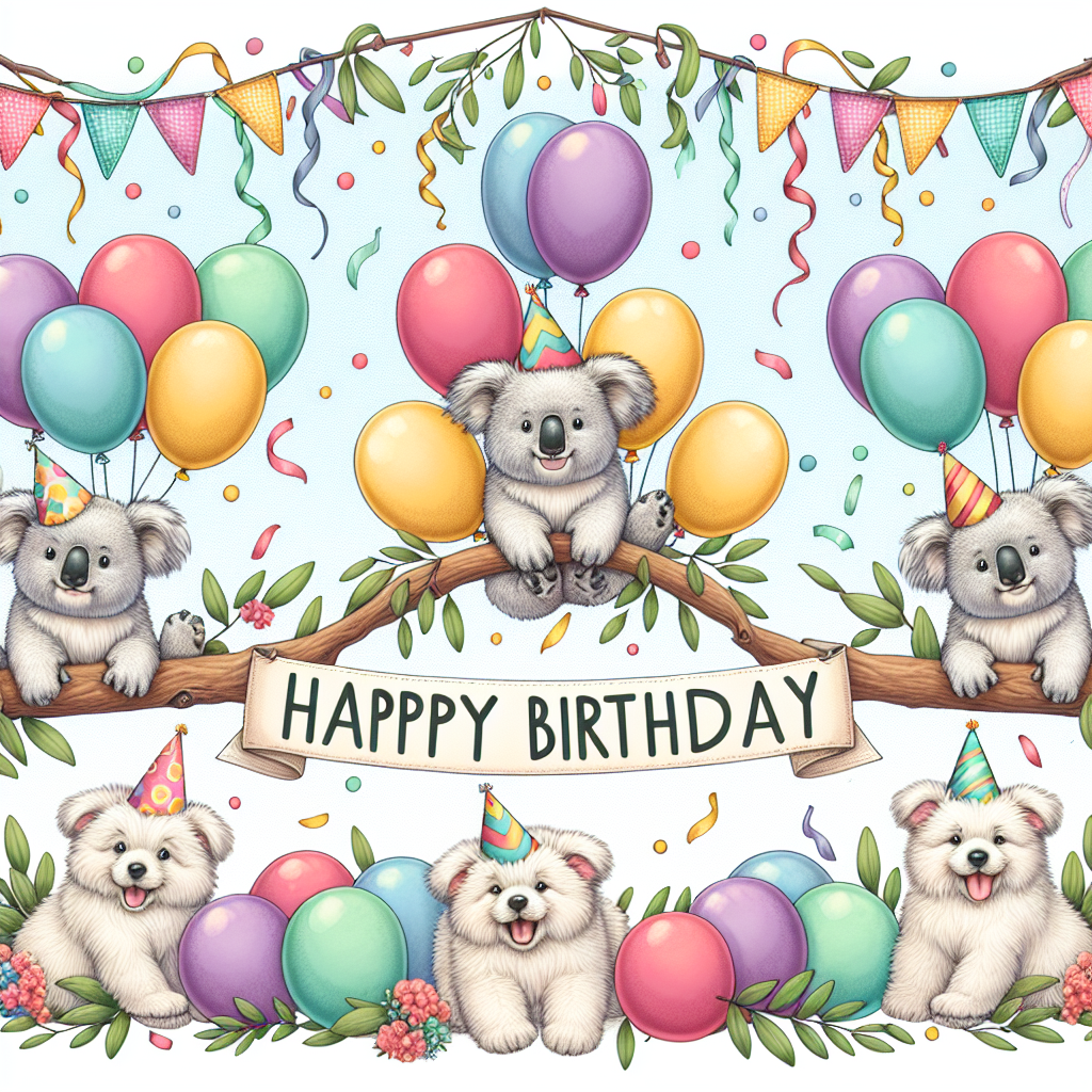 Create a whimsical birthday illustration featuring a group of fluffy puppies from different breeds, all wearing colorful party hats. They are cheerfully playing and frolicking below several happy koalas, each holding colorful balloons in their paws. These koalas are perched high atop eucalyptus branches that are embellished with festive streamers. Let there be a banner stretched across the top of the image displaying the message 'Happy Birthday', and the entire scene is surrounded by a playful frame consisting of confetti and paw prints.
Generated with these themes: Koalas, and Puppies.
Made with ❤️ by AI.