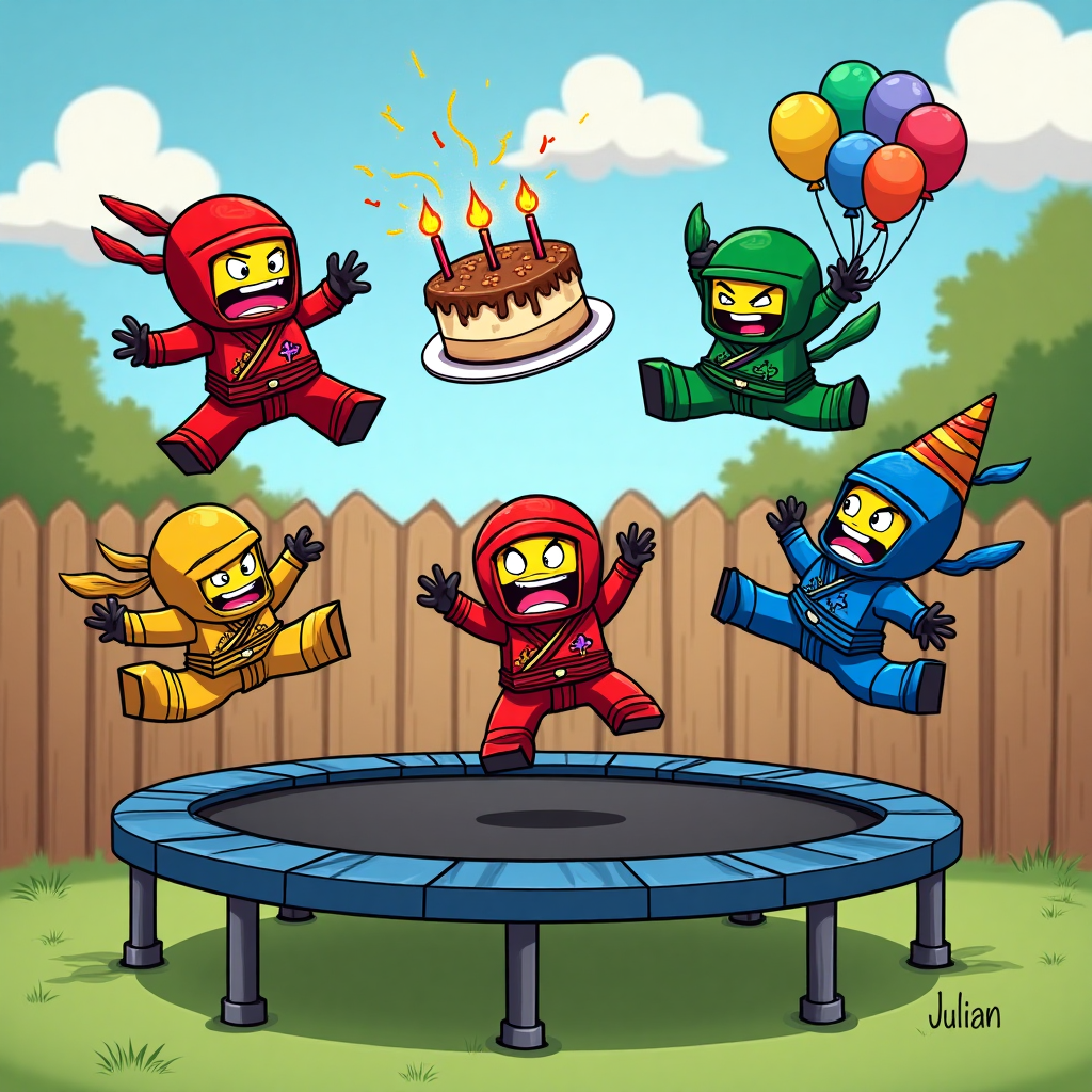 At the top of the Cartoon Style image, include the text: "Happy Birthday Julian"

**Image Description:**

Imagine a vibrant, playful cartoon scene set in a whimsical backyard. In the center, a trampoline is the stage for an epic, hilarious showdown. A group of Ninjago-style characters, complete with colorful ninja outfits, are performing exaggerated acrobatic moves in mid-air. Their expressions are exaggerated with wide, gleeful smiles and determined looks, as they bounce and tumble in gravity-defying antics. 

One ninja, in a striking red outfit, is caught mid-flip, his eyes wide with comedic surprise as a cake hurtles towards him from the side, topped with sparklers that sizzle humorously. Another ninja, dressed in bright blue, is executing a perfect backflip, grinning widely as he balances a party hat on his head. A third ninja, in a vibrant green outfit, is playfully tangled up in a stream of colorful balloons, adding to the chaotic fun.

Bright, saturated colors fill the scene with life and energy. The background features a sunny sky, fluffy cartoon clouds, and the faint outline of a wooden fence. In the bottom corner, in playful text, it reads: "Bounce into Another Year of Awesomeness!"
Generated with these themes: Trampoline, Ninjago , and .
Made with ❤️ by AI.