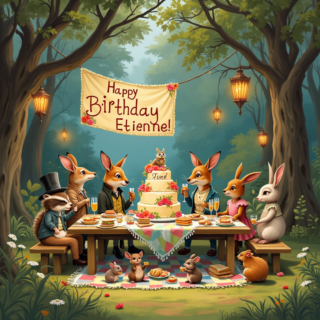 In a charming, bustling scene reminiscent of Norman Rockwell's attention to detail and Beatrix Potter's whimsy, we find ourselves at a lively birthday party set in a magical, woodland clearing. The clearing is surrounded by tall, ancient trees whose branches form a natural canopy, with dappled sunlight filtering through the leaves. The centerpiece of the scene is a long wooden picnic table adorned with a colorful, patchwork tablecloth. At one end of the table, a massive, multi-tiered cake—decorated with vibrant icing flowers and topped with a miniature figurine of a jovial rabbit named Etienne—takes pride of place. The cake has 'Happy Birthday Etienne!' written in elegant, cursive frosting.

Seated around the table are an eclectic mix of anthropomorphic animals, each inspired by Maurice Sendak and Quentin Blake's playful characters. A dapper fox in a waistcoat and monocle raises a glass of sparkling cider, while a hedgehog in a frilly dress giggles behind her napkin. A mischievous raccoon in a top hat tries to steal a cupcake, only to be playfully scolded by a stern, owl with tiny spectacles perched on its beak. 

Behind the table, an elaborate banner stretches between two trees, with 'Happy Birthday Etienne!' hand-painted in a style reminiscent of Maxfield Parrish’s elaborate, fairy-tale visuals. Hanging lanterns and twinkling fairy lights, inspired by Arthur Rackham’s ethereal illustrations, illuminate the scene, casting a soft glow over the festivities.

In the background, a whimsical carousel powered by gentle woodland creatures slowly turns, with squirrels and rabbits riding on intricately carved wooden animals. Children, both human and animal, laugh and play pin-the-tail-on-the-donkey and other classic games, while a trio of mice in tiny band uniforms play cheerful tunes on miniature instruments.

On the ground, detailed by Edward Gorey's intricate line work, a picnic blanket is spread with an assortment of delightful treats—sandwiches, fruit platters, and a jug of freshly squeezed lemonade. Scattered around are storybooks with covers illustrated in the style of N.C. Wyeth, adding a touch of adventure and nostalgia to the scene.

Overall, the scene is filled with dynamic, engaging details that tell a vivid story of Etienne's birthday celebration in a fantastical woodland setting, blending inspiration from various artists to create a uniquely enchanting illustration for a birthday greetings card.
Generated with these themes: Happy Birthday, and Etienne.
Made with ❤️ by AI.