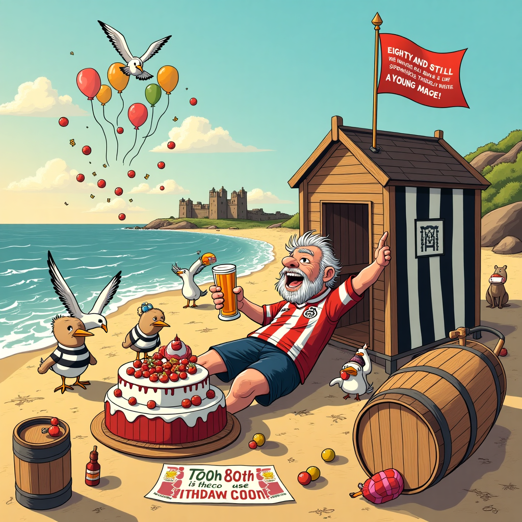 **Image Prompt:**

At the top of the illustration image:  
**"Arthur, You Magpie Legend—Still Kicking Off at 80!"**

An illustrated, comically exaggerated seaside birthday scene set along the iconic Whitley Bay coast with the Tynemouth Priory ruins in the background, bathed in golden evening light. Front and centre: Arthur—an 80-year-old with wild silver hair and a mischievous grin—is mid-slide tackling a giant birthday cake while wearing a full Newcastle United football kit. His party hat is skew-whiff and he's clutching a pint of frothy beer in one hand, while a seagull swoops overhead, trying to nick a Scotch egg from the cake.  

To Arthur's left, a gang of cheeky cartoon seagulls are drinking mini single malt whiskies with pinky fingers out. To his right, a wooden beach hut painted black and white stripes flies a giant NUFC flag, with a "Wor 80th Toon Bash!" banner blowing in the breeze. A sandy, oversized beer barrel is repurposed as a birthday drum, surrounded by old mates in scarves chanting “Toon Toon, Birthday Loon!” One beach dog is wearing a foam hand shaped like a whisky bottle.  

Above all, festive balloons spell out: "EIGHTY AND STILL DOWNING SINGLE MALTS LIKE A YOUNG MAGPIE!" in the clouds. The sea behind them is crashing with tiny toon-colored beach balls and floating kegs.
Generated with these themes: Newcastle United Football Club, Beer, Whitley Bay, Tynemouth, 80, and Single Malt Whisky.
Made with ❤️ by AI.