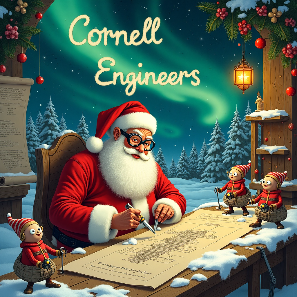 In a whimsical snow-dusted workshop nestled in the heart of the North Pole, Santa Claus, the unlikely engineer, is hard at work. The scene is a bustling hive of activity, much like an inventive utopia illustrated with the detail of Norman Rockwell and the enchanting quirkiness of Edward Gorey. Santa, donned in a red suit that’s slightly oil-stained with a pair of oversized safety goggles perched on his nose, is engrossed in the intricacies of his latest contraption—a fantastical toy assembly line powered by candy canes and clockwork gears. Around him, a team of industrious elves, each with Beatrix Potter-like charm, are energetically moving about, tinkering and adjusting a kaleidoscope of gizmos and gadgets.

Suspended above this mechanical wonderland, a brilliant sky serves as a canvas where the Northern Lights swirl in vibrant hues of green and pink. Amongst these celestial ribbons, the name "Cornell Engineers" appears as if written by an ethereal hand, formed from twinkling stars. Below this shimmering marquee, the workshop is adorned with festive garlands made of evergreen and holly, and little robots fashioned from spare parts carry ornaments back and forth, adding touches of Christmas cheer.

In the background, large blueprints drafted with meticulous care are pinned to the walls, depicting the schematics of Santa's sleigh with handwritten notes in Santa’s loopy script. A rustic workbench cluttered with tools—a mix of whimsical, Victorian-inspired devices and modern-day wrenches and screwdrivers—sits prominently in the foreground, illustrating the blend of magic and engineering expertise. Peppered with the artistic influences of Arthur Rackham, the scene is bustling with narrative potential, telling the tale of how Santa, the jolly engineer, alongside his merry band, ensures a seamless holiday by combining old-world charm with a touch of innovative magic, all dedicated to the beloved "Cornell Engineers."
Generated with these themes: Santa Engineer working.
Made with ❤️ by AI.
