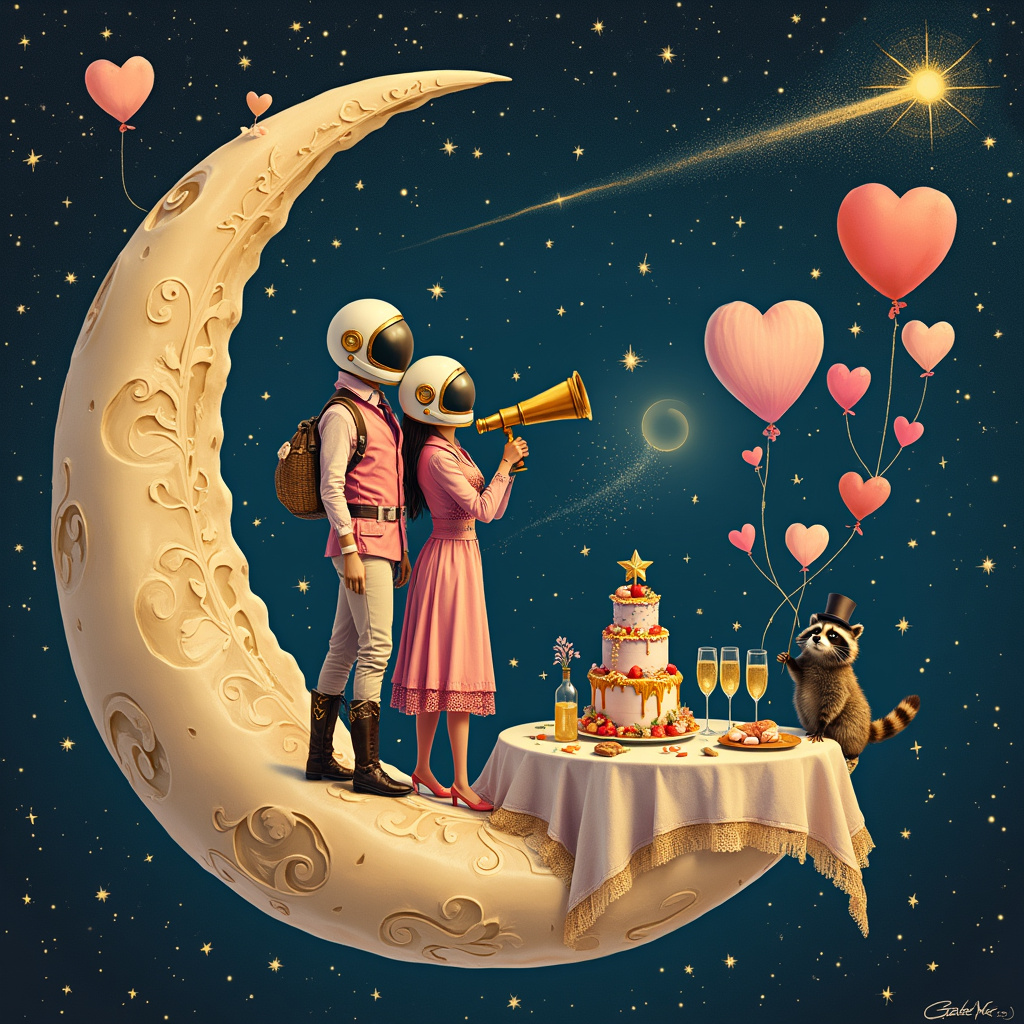 The anniversary greeting card front cover bursts with whimsical charm, taking place on a heart-shaped moon floating in the boundless space. This celestial body, carved like a candy-heart and awash in pastel pink and lavender hues, glows softly against the star-studded, deep navy background. 

At the heart-shaped moon’s highest peak, a Victorian-style telescope, embellished with intricate golden swirls, points towards distant galaxies. Beside it stands a couple in retro-futuristic space suits, akin to those seen in classic sci-fi novels but with a twist: the suits are adorned with lace and elaborate, Rococo-inspired details reminiscent of Aubrey Beardsley’s art. The couple holds hands, their helmets reflecting each other’s faces, conveying their timeless love. 

Floating nearby, tethered to the moon by delicate ribbons, are several heart-shaped balloons in a variety of sizes and colors, reminiscent of Beatrix Potter's soft color palettes. They sway gently in the void of space. One balloon, in particular, has a basket underneath it where a small, mischievous raccoon, wearing a dapper little top hat and monocle (inspired by the characters of Edward Gorey), peeks out, holding a tiny, golden star in its paw.

Behind the couple, a rustic wooden picnic table (inspired by Norman Rockwell’s Americana) is set with an extravagant, old-fashioned feast: a tiered anniversary cake in the shape of a rocket, surrounded by twinkling fairy lights in jars, assorted pastries, and sparkling goblets of what appears to be stardust-infused champagne. The tablecloth is a celestial map, echoing Maurice Sendak’s fantastical storytelling.

In the distance, twinkling like Christmas lights, an ethereal comet shaped like an arrow shoots across the sky, with its tail forming a sparkling heart, directly hitting the tip of the moon. 

This surreal, romantic, and slightly whimsical scene tells a story of everlasting love celebrated in a uniquely cosmic setting, blending the nostalgic elegance of past eras with the boundless imagination of space exploration.
Generated with these themes: Anniversary moon space heartshaped.
Made with ❤️ by AI.