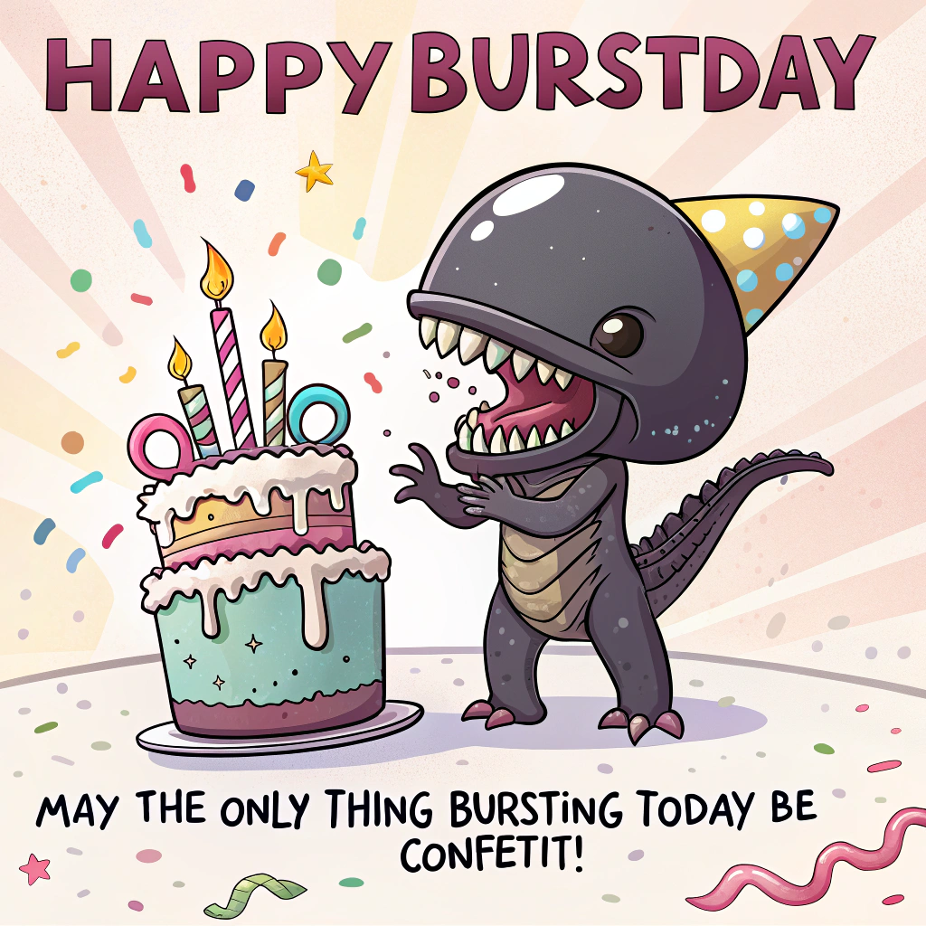 At the top of the Cartoon Style image, "Happy Burstday"

At the bottom of the Cartoon Style image, "May the only thing bursting today be confetti!"

Center scene: A cute, chubby-limbed xenomorph with an oversized shiny dome head and goofy toothy grin bursts up out of a towering, rainbow-frosted birthday cake. It’s wearing a polka-dot party hat, one claw firing a party popper as a huge comic starburst of confetti and streamers explodes behind it. The cake tilts comically, frosting and sprinkles flying in exaggerated arcs. Add small comic onomatopoeias in bright stickers: “POP!”, “YAY!”, and a tiny “hiss!” speech bubble near the xenomorph for a playful nod.

Style notes: Thick black outlines, bright saturated colors (acid green, hot pink, electric blue, sunshine yellow), energetic motion lines, glossy highlights, and whimsical poses. Background: a fun space-party vibe—bunting, balloons, and a porthole showing stars. Keep it family-friendly and silly; no gore—just cake, confetti, and chaos.
Generated with these themes: Xenomorph, Funny, Happy Burstday, and .
Made with ❤️ by AI.
